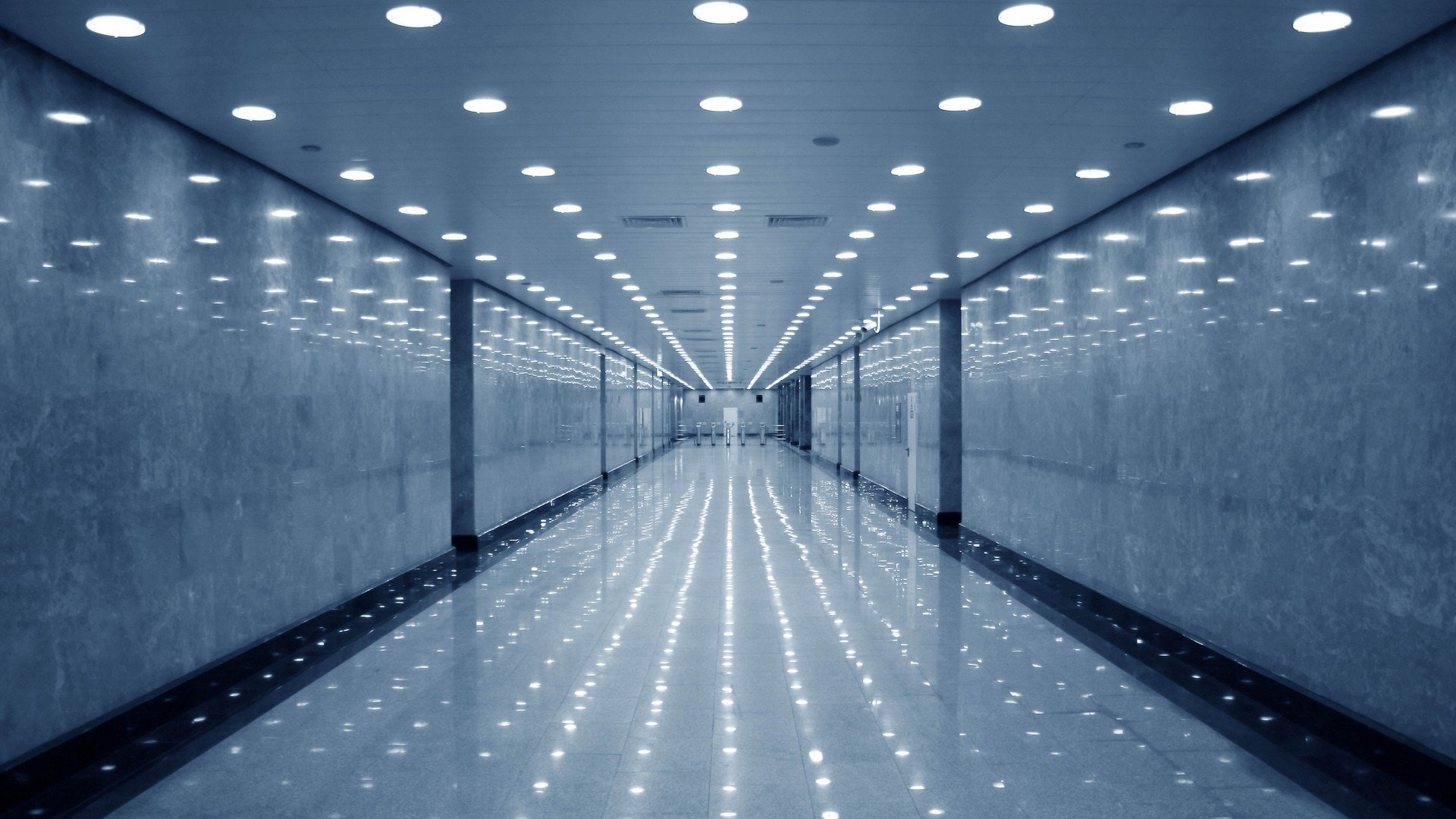 Modern Hallway with Marble Walls and Ceiling Lights HD Wallpaper