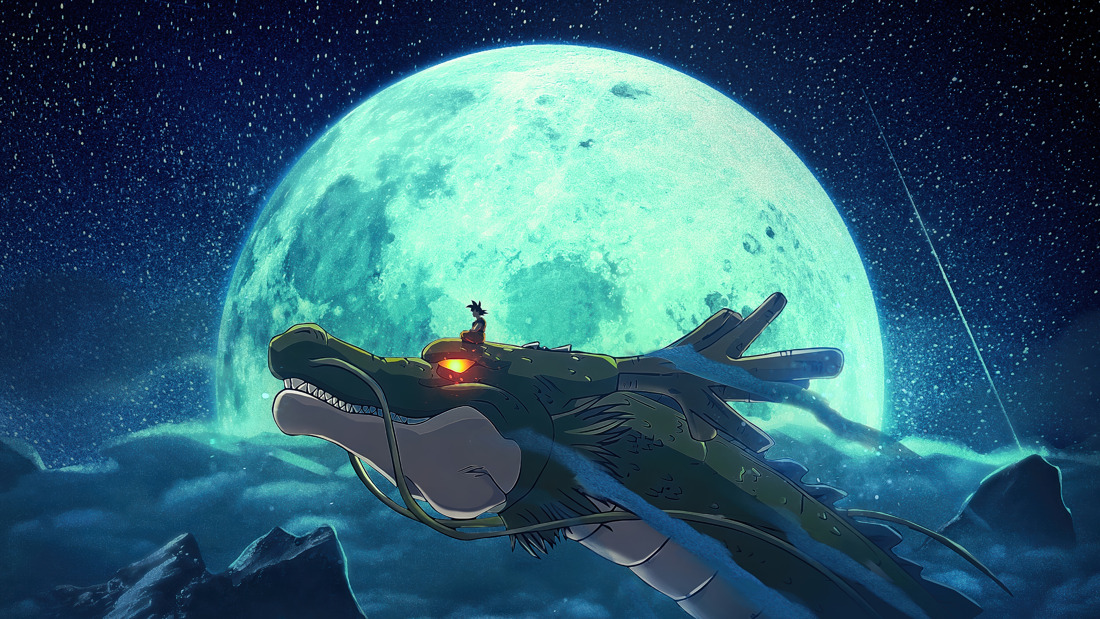 Goku rides Shenron under a large moon HD Wallpaper