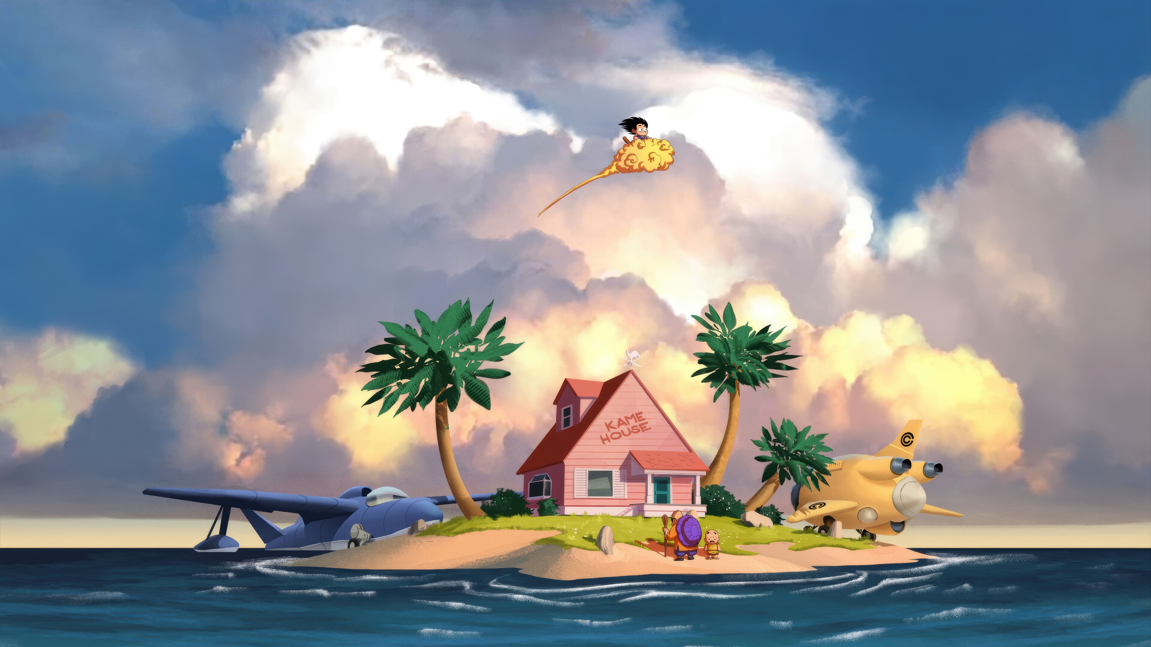 Goku on Nimbus Cloud above Kame House Island 4K HD Wallpaper