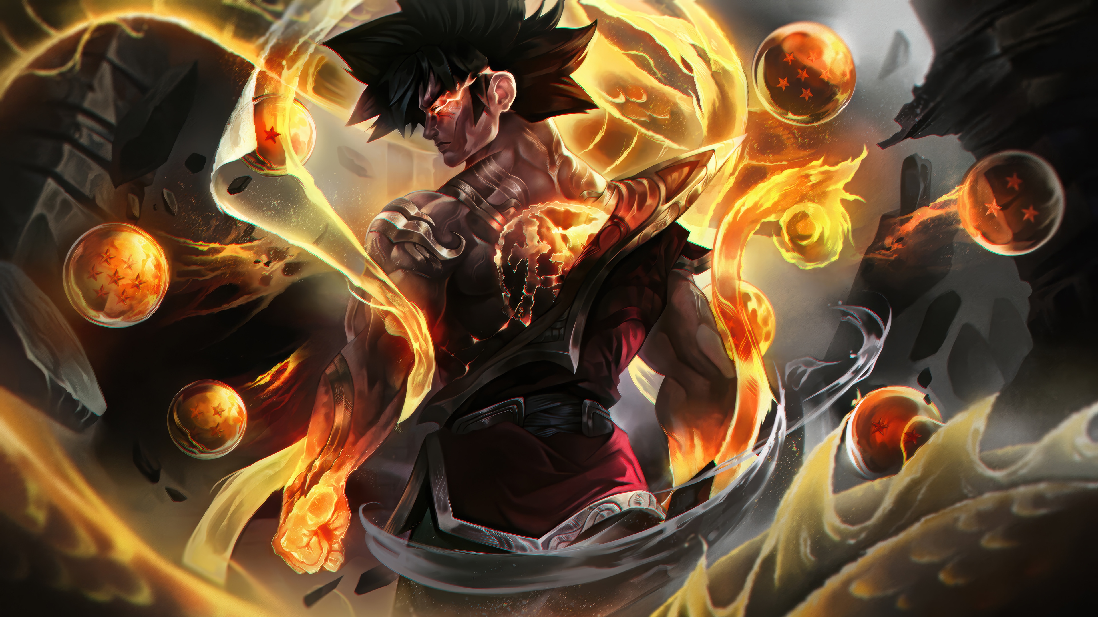 Goku with Dragon Balls and Fiery Aura HD Wallpaper