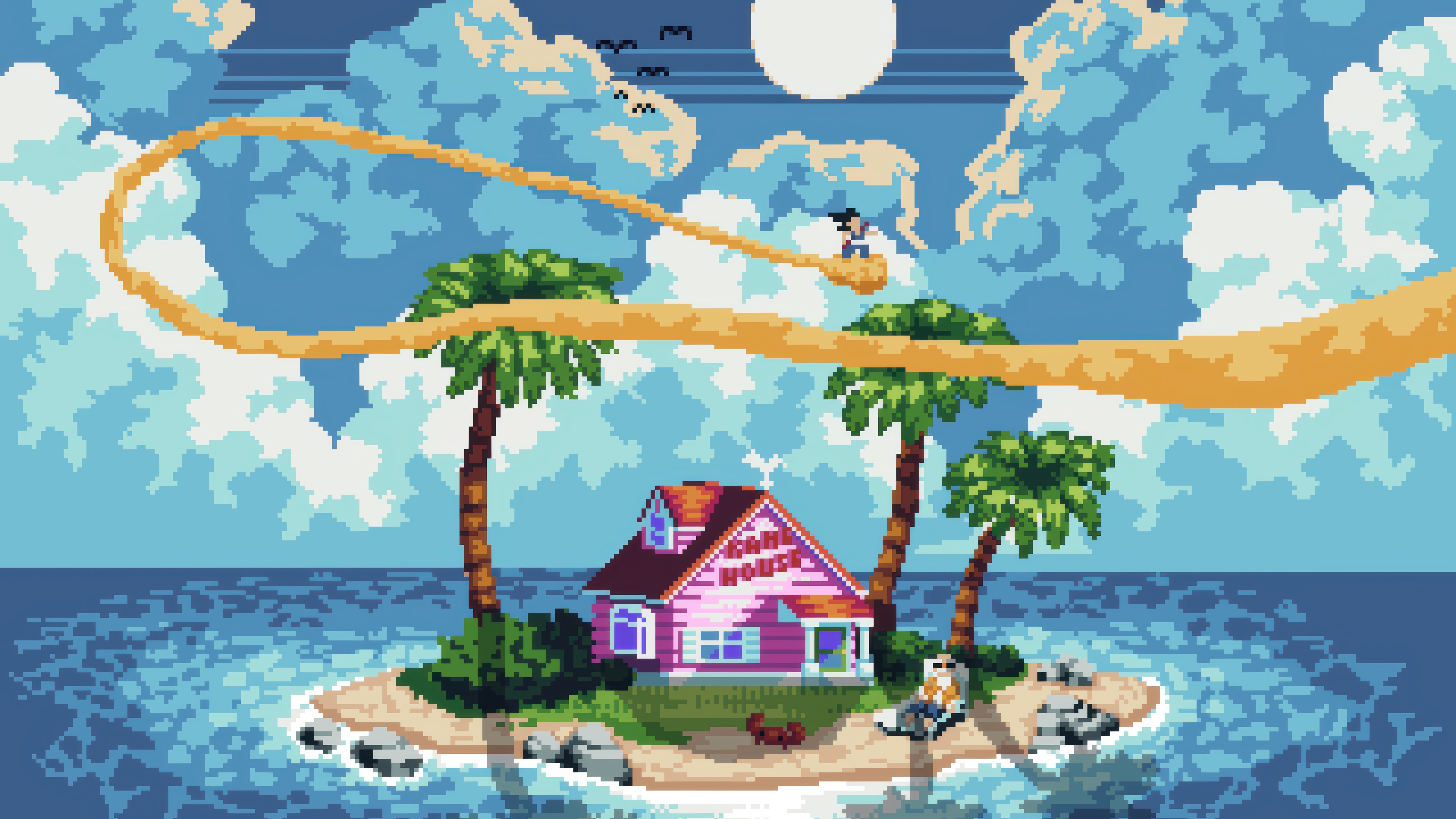 Kame House on an island with Goku in Dragon Ball Pixel Art 4K HD Wallpaper