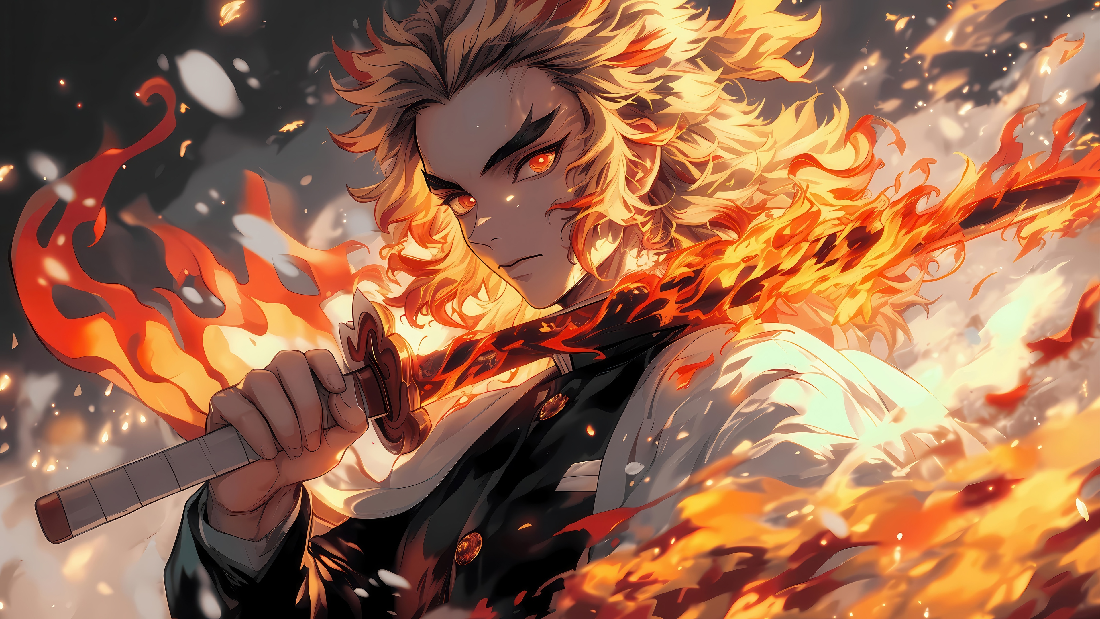 Kyojuro Rengoku with Fiery Sword 4K HD Wallpaper