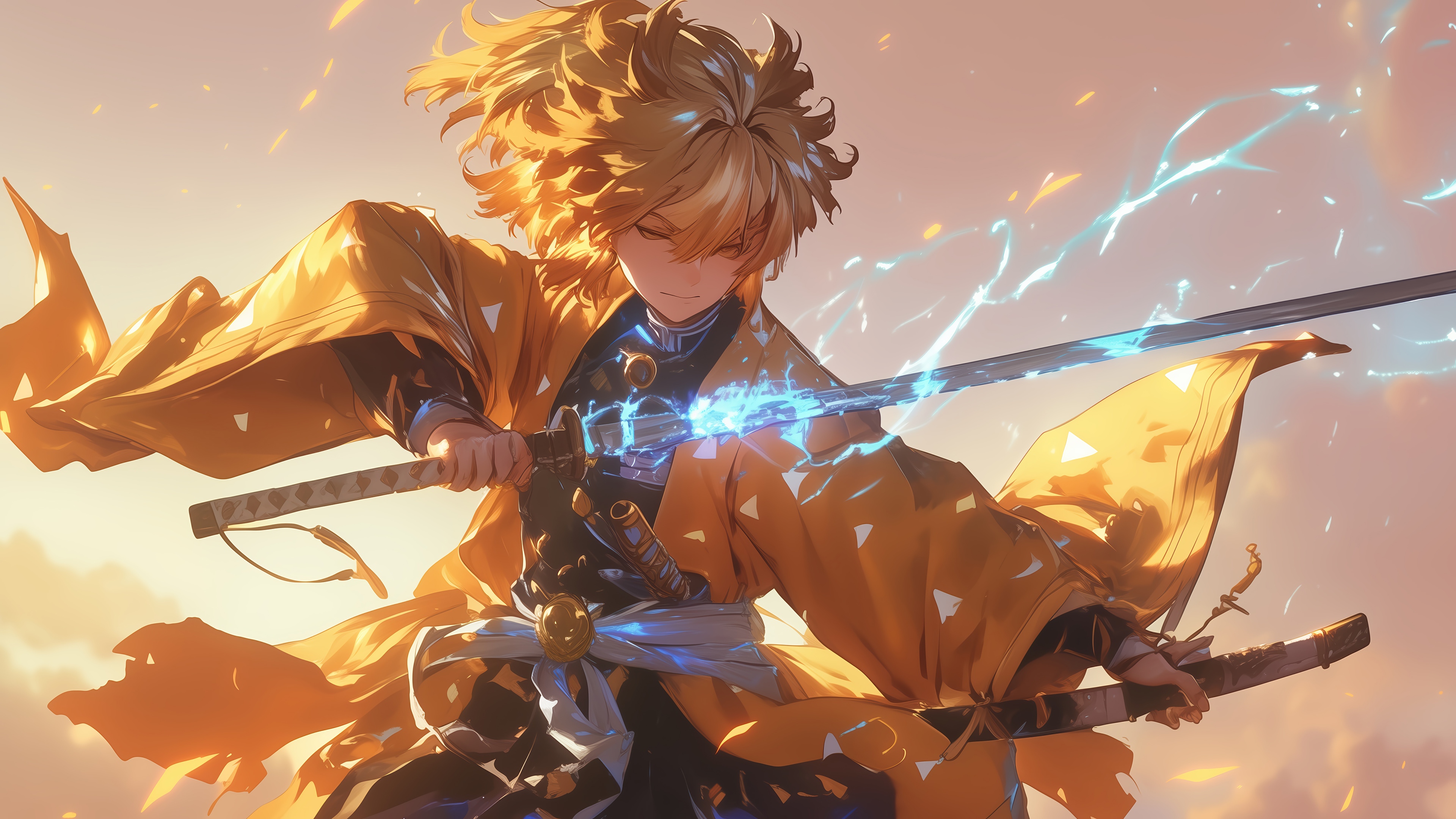 Zenitsu Agatsuma with a lightning-infused sword HD Wallpaper