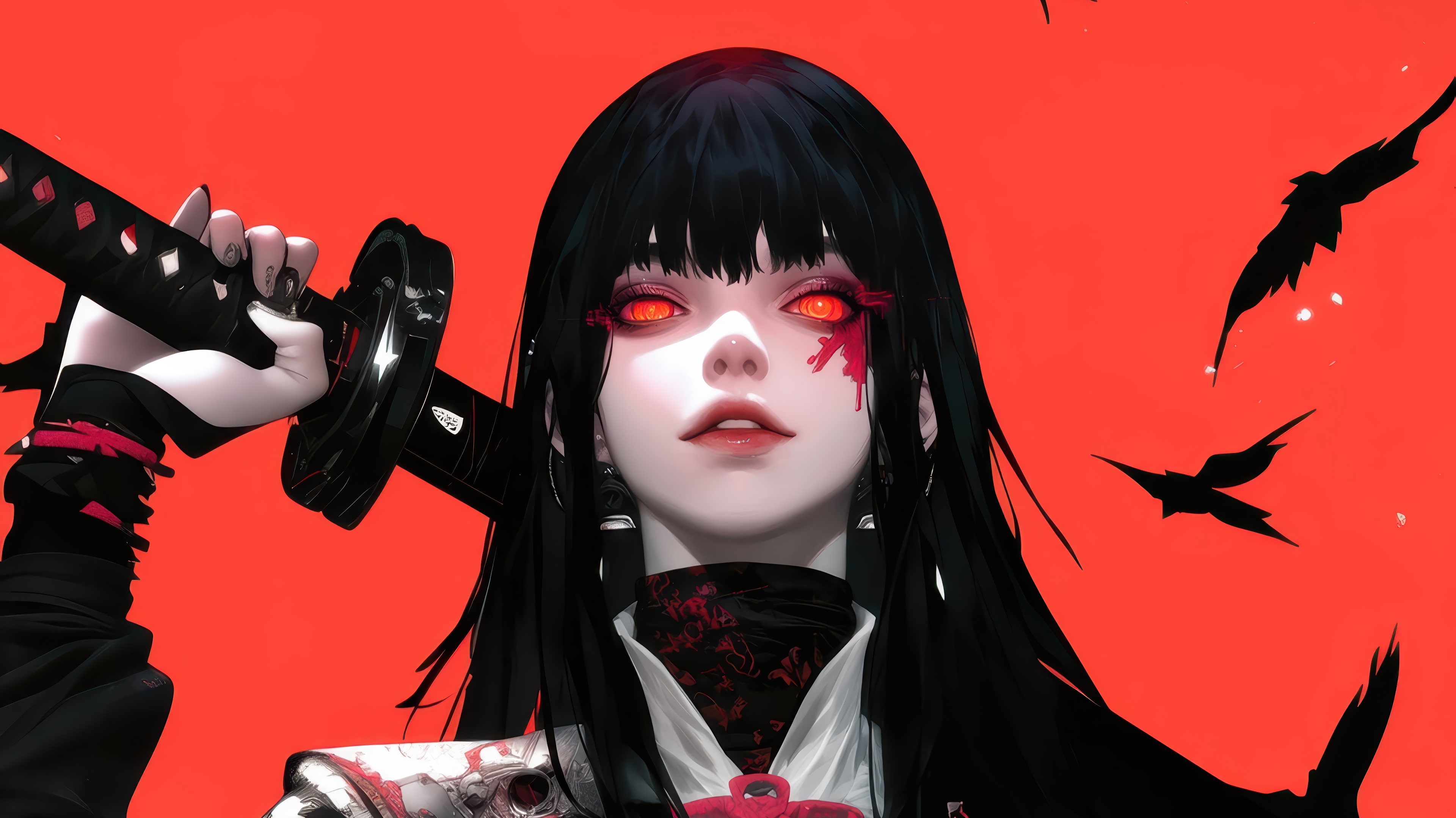 Anime Girl with Katana and Red Eyes 4K HD Wallpaper
