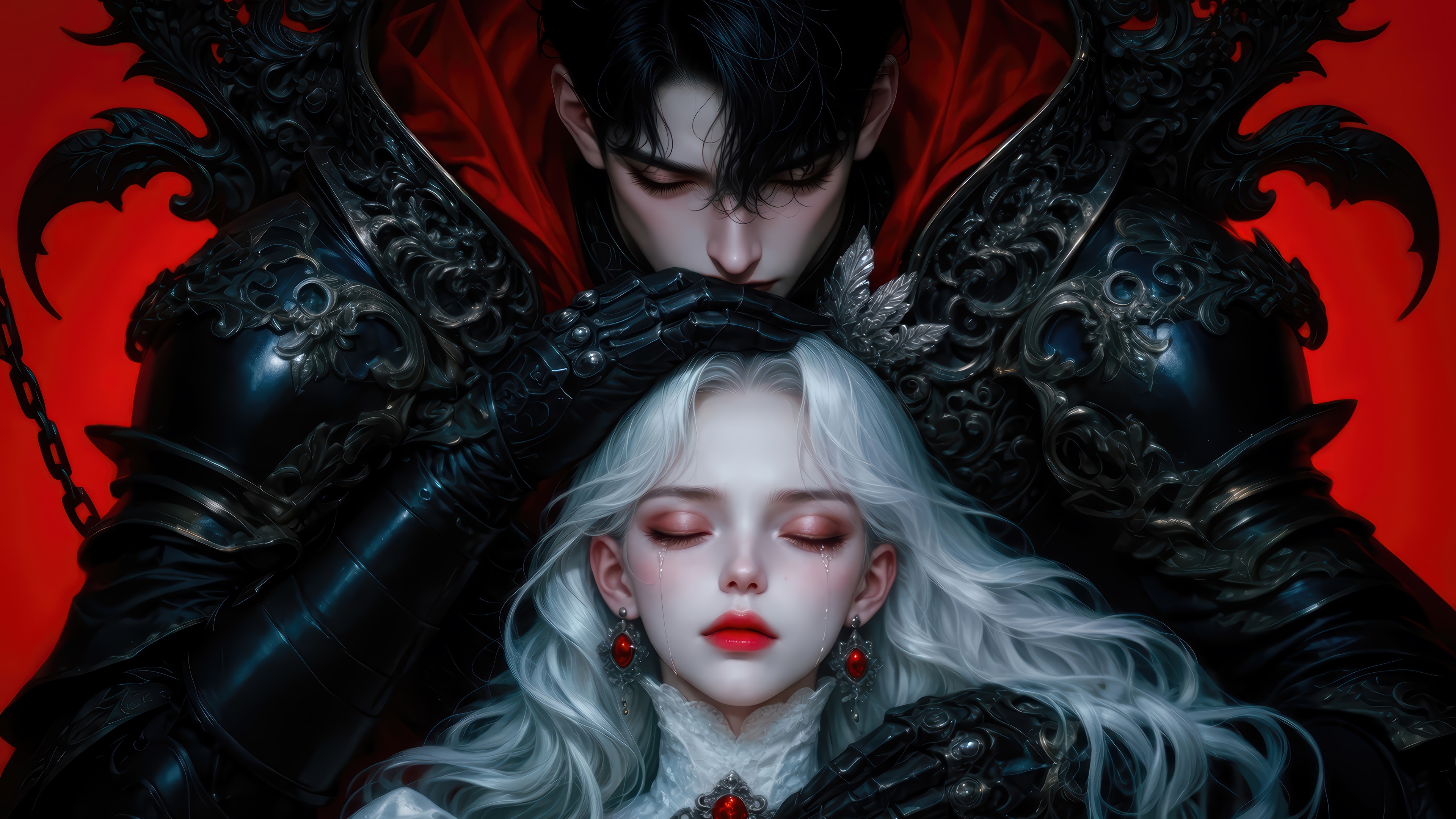Fantasy Couple in Armor with Red Cape 4K HD Wallpaper