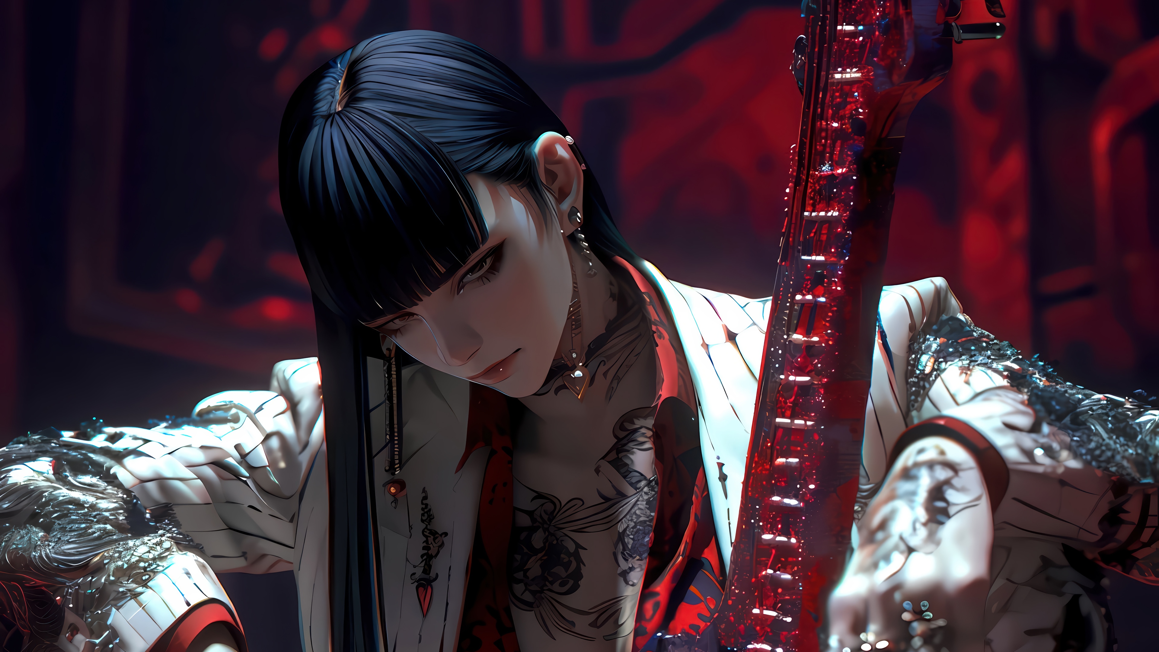 Anime Girl with Tattoos Playing Guitar 4K HD Wallpaper