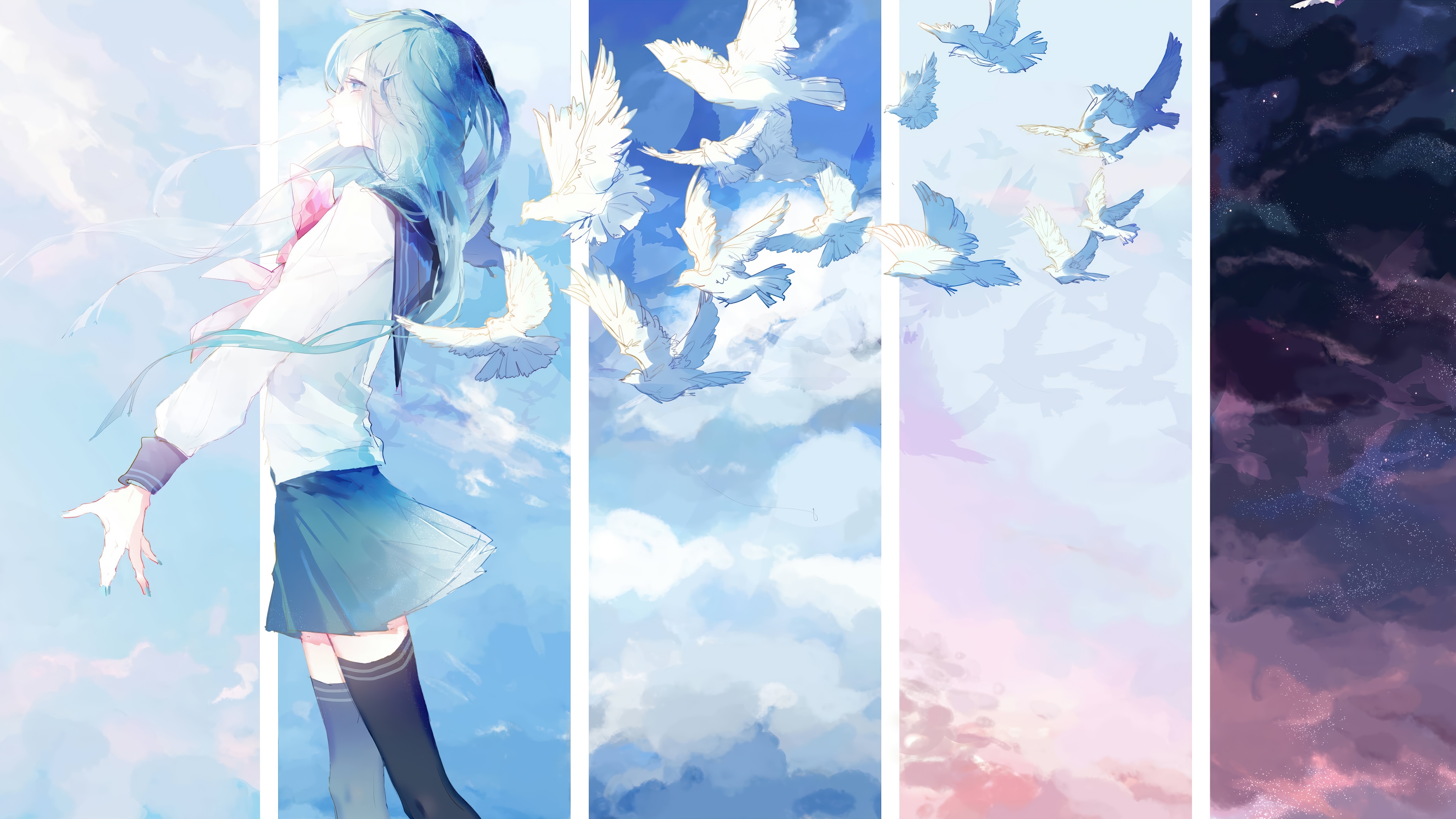 Anime Girl with Birds in the Sky 4K HD Wallpaper