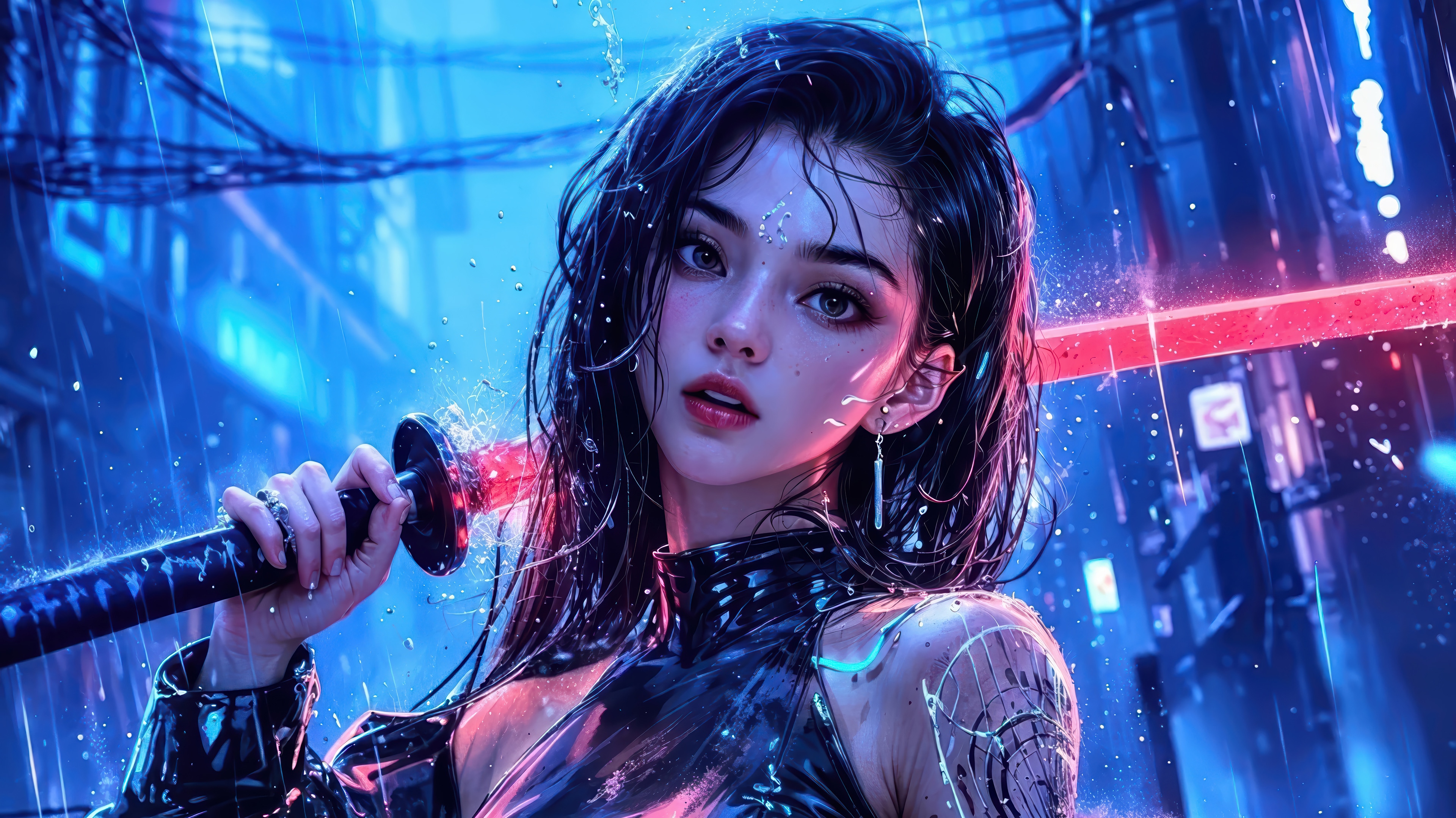 Anime Girl with Katana in Neon City 4K HD Wallpaper