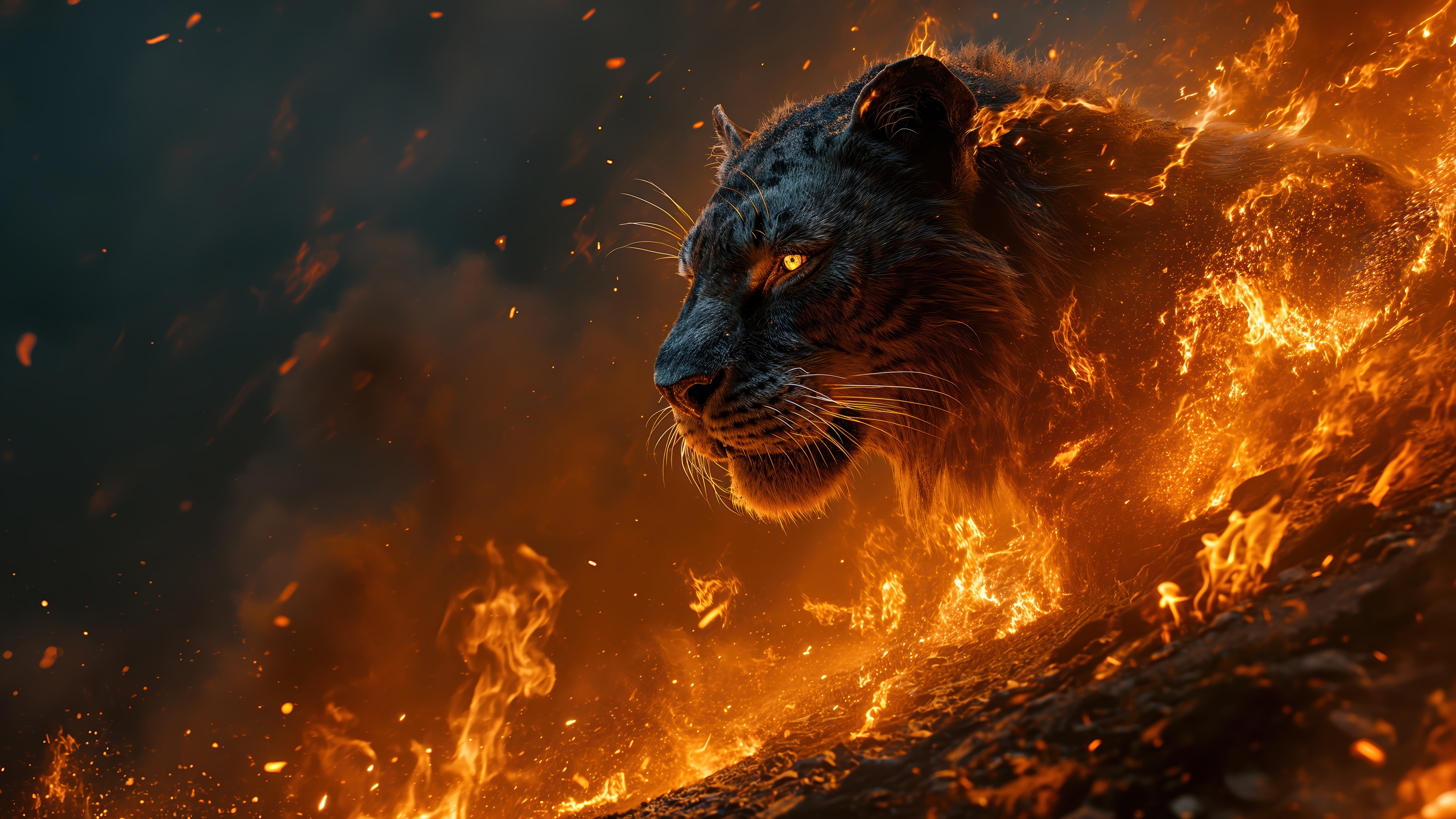 Tiger engulfed in flames, digital art 4K HD Wallpaper