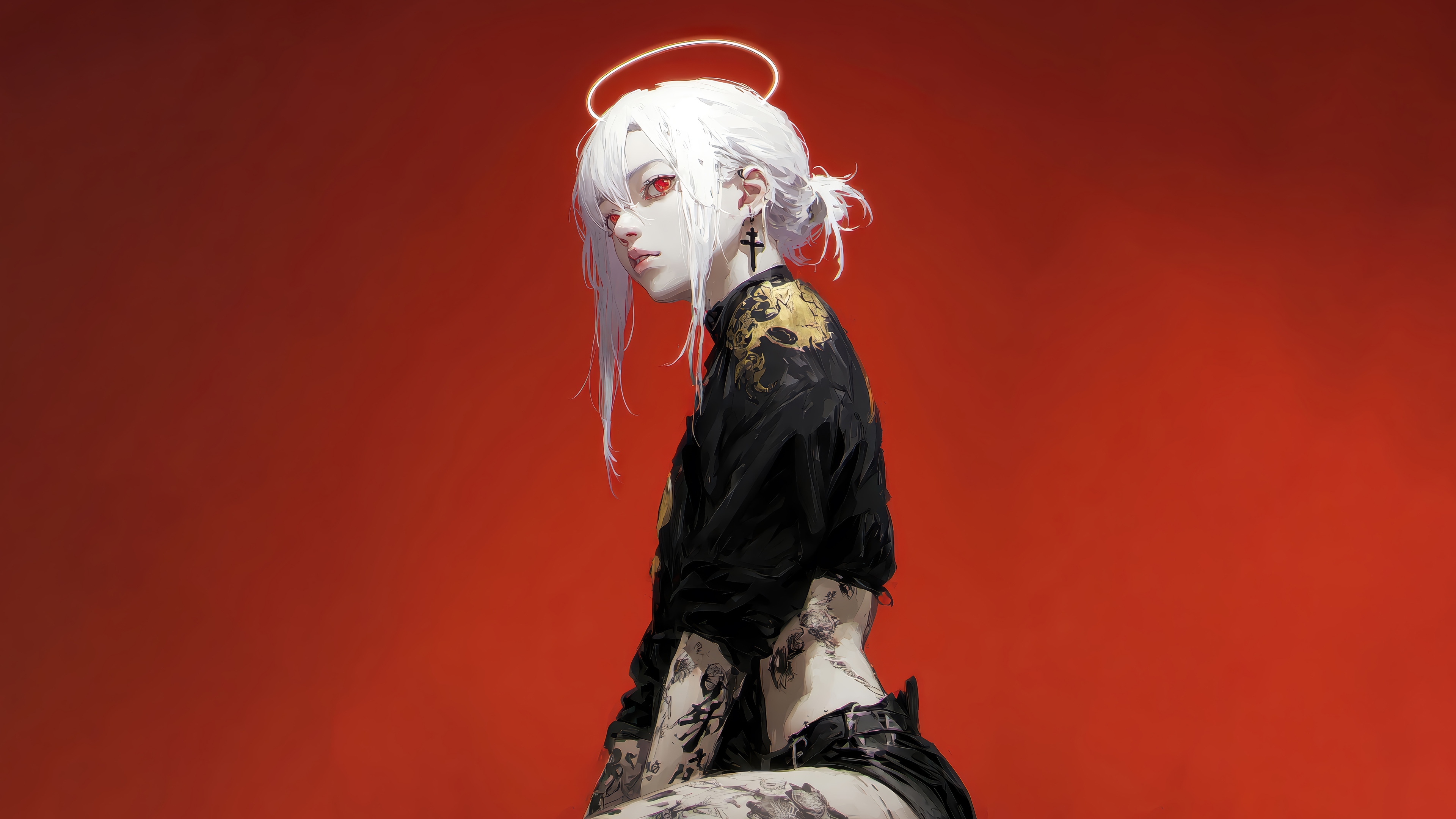 Anime Girl with White Hair, Red Eyes, and Halo 4K HD Wallpaper