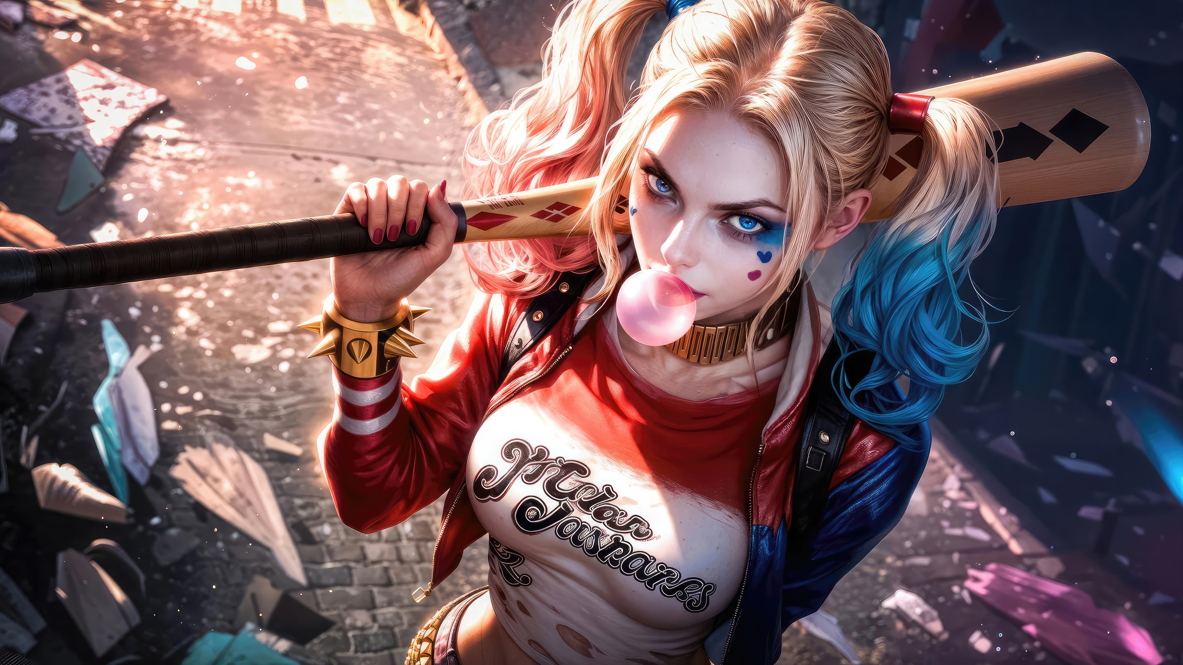 Harley Quinn with a baseball bat and bubblegum 4K HD Wallpaper