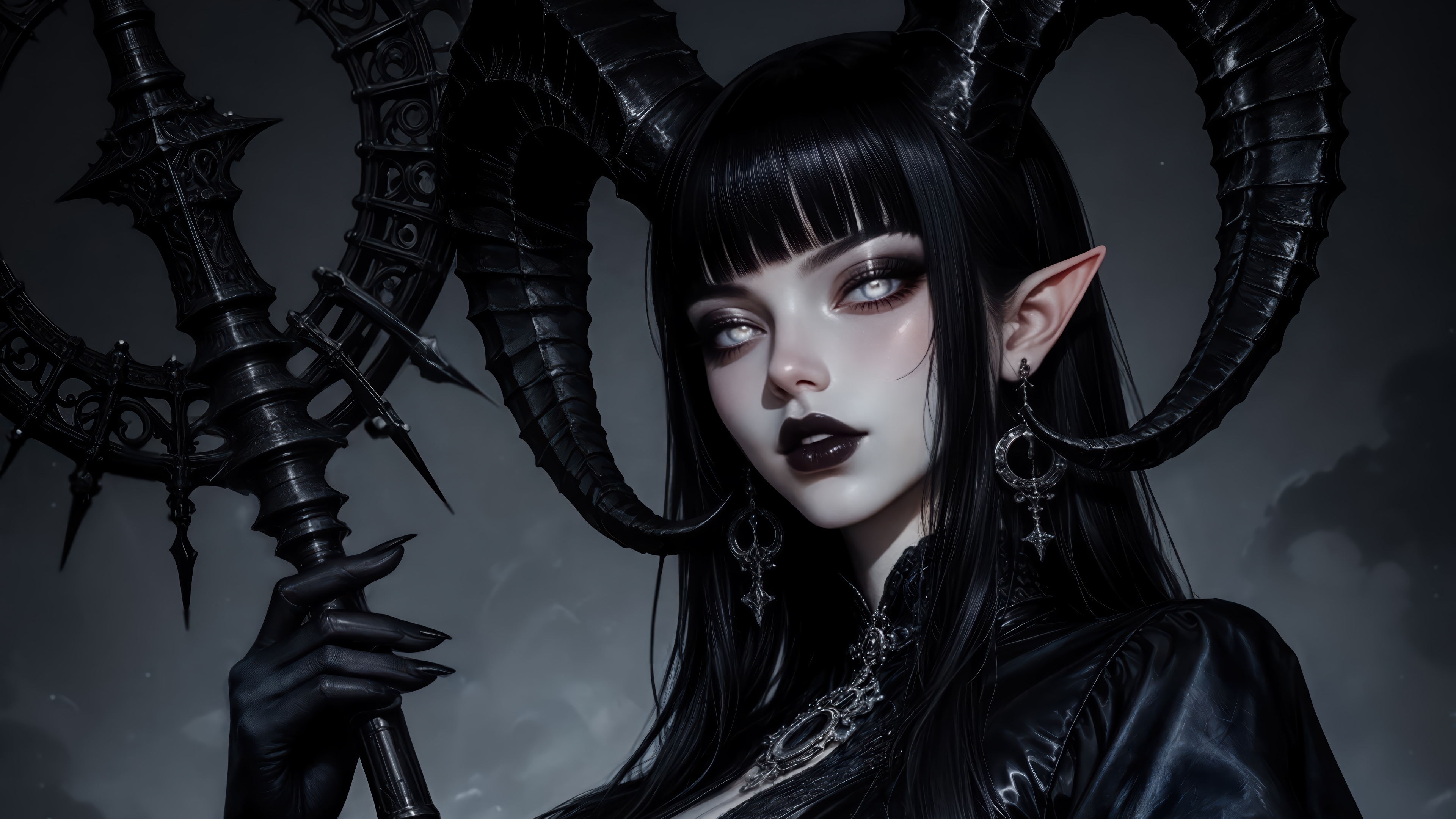 Fantasy Girl with Horns and Staff 4K HD Wallpaper