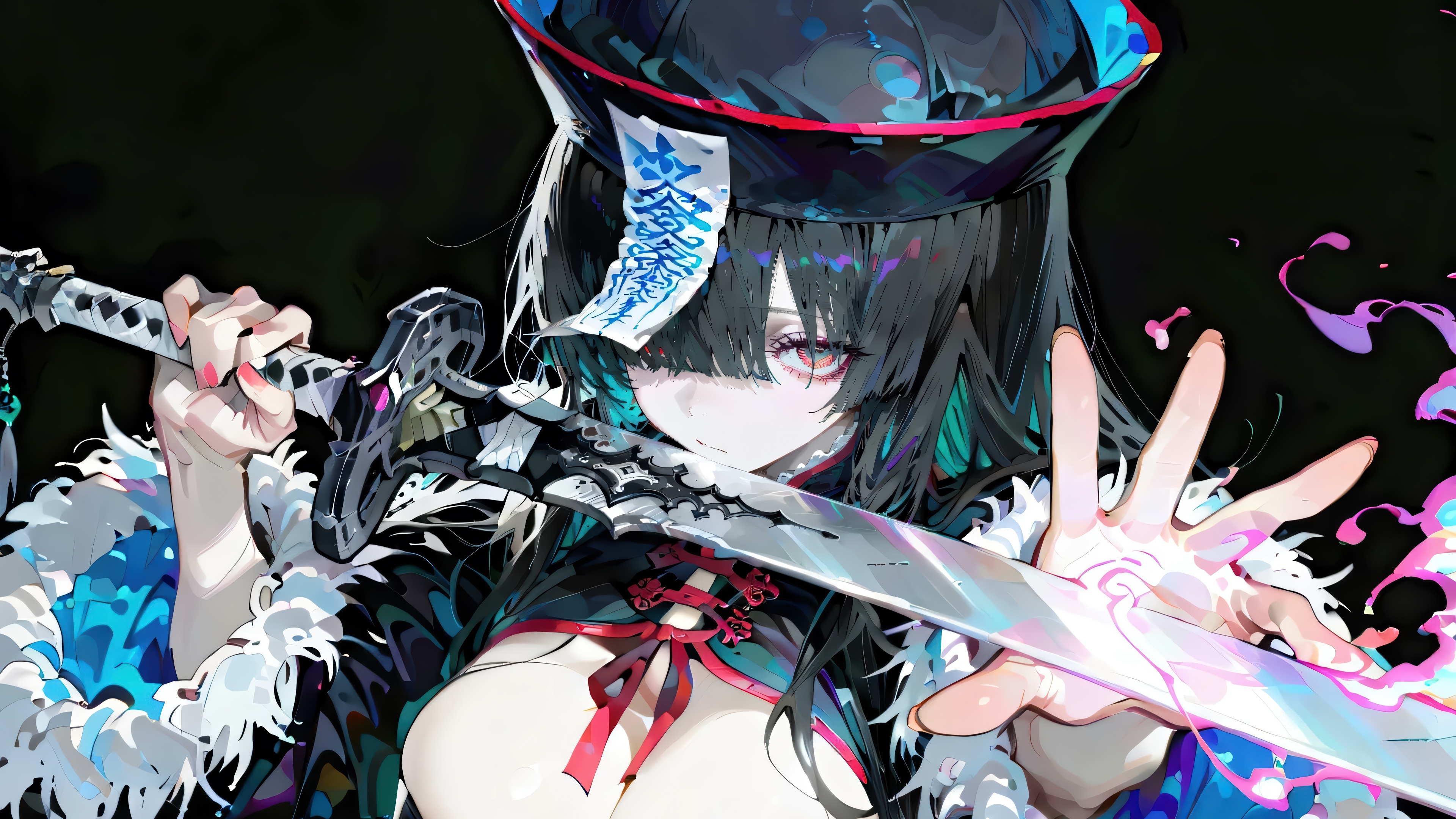 Anime Girl with Sword and Jiangshi Hat 4K HD Wallpaper