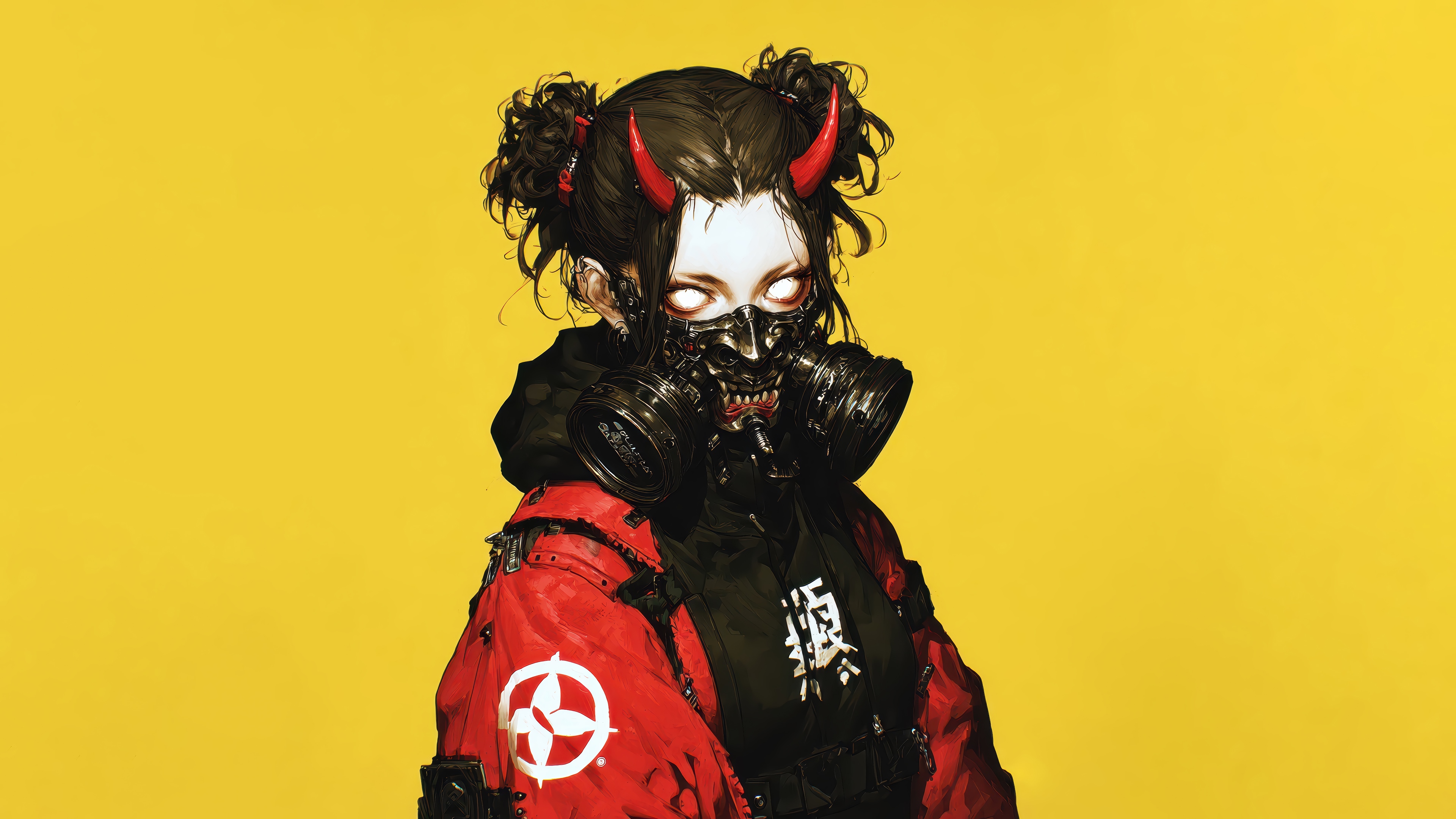 Anime Girl with Demon Horns and Gas Mask 4K HD Wallpaper