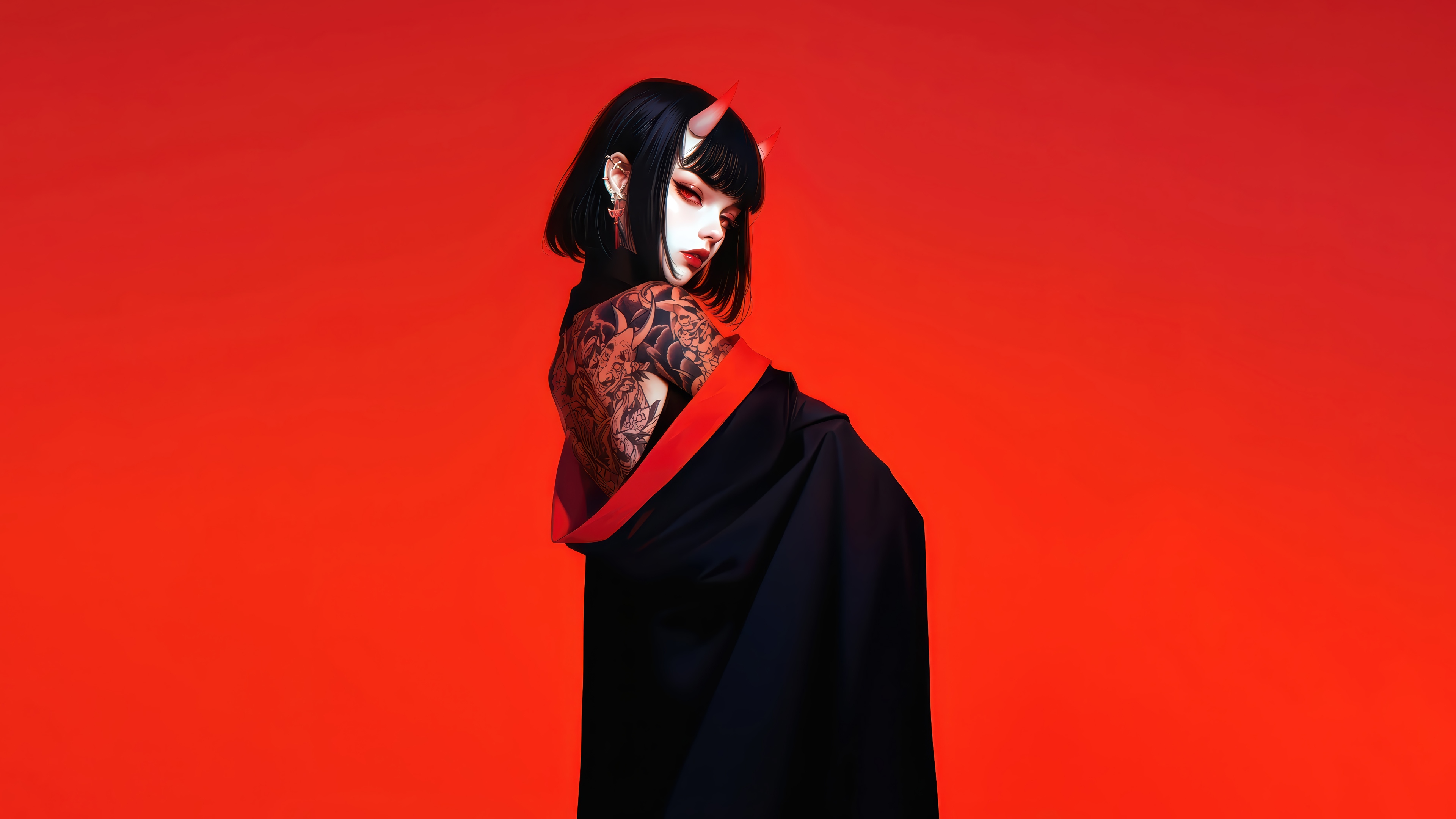Anime Demon Girl with Tattoos and Red Eyes 4K HD Wallpaper
