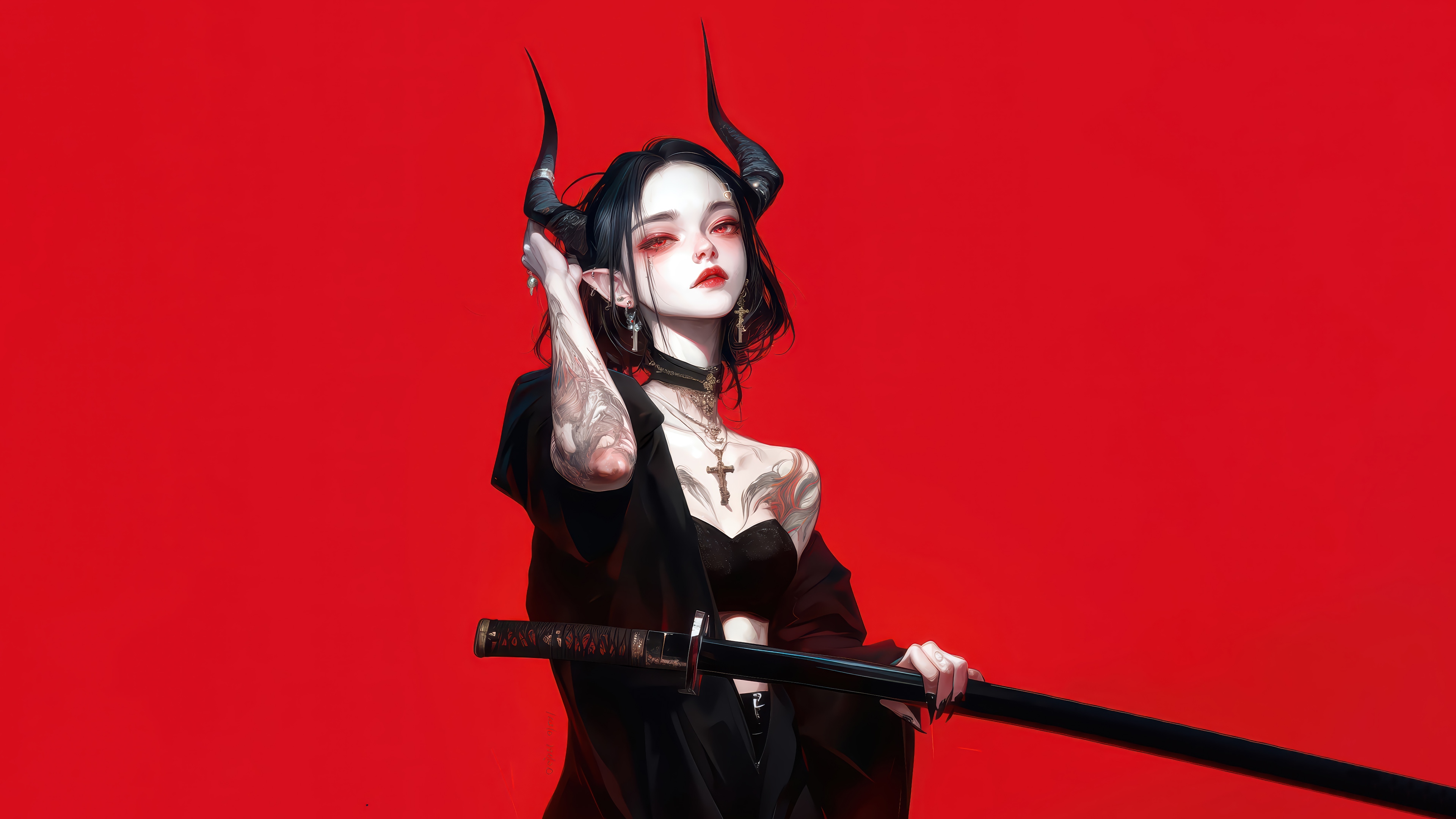 Anime Demon Girl with Horns and Katana 4K HD Wallpaper