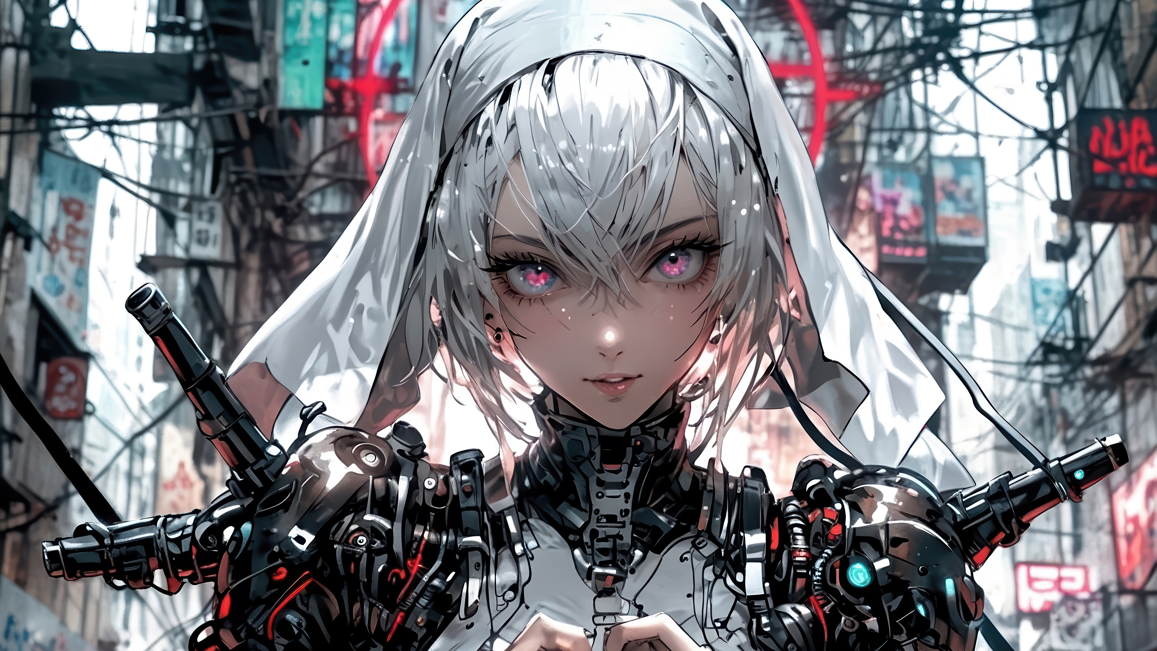 Cyberpunk Sci-Fi Anime Nun with Mechanical Arms 4K HD Wallpaper