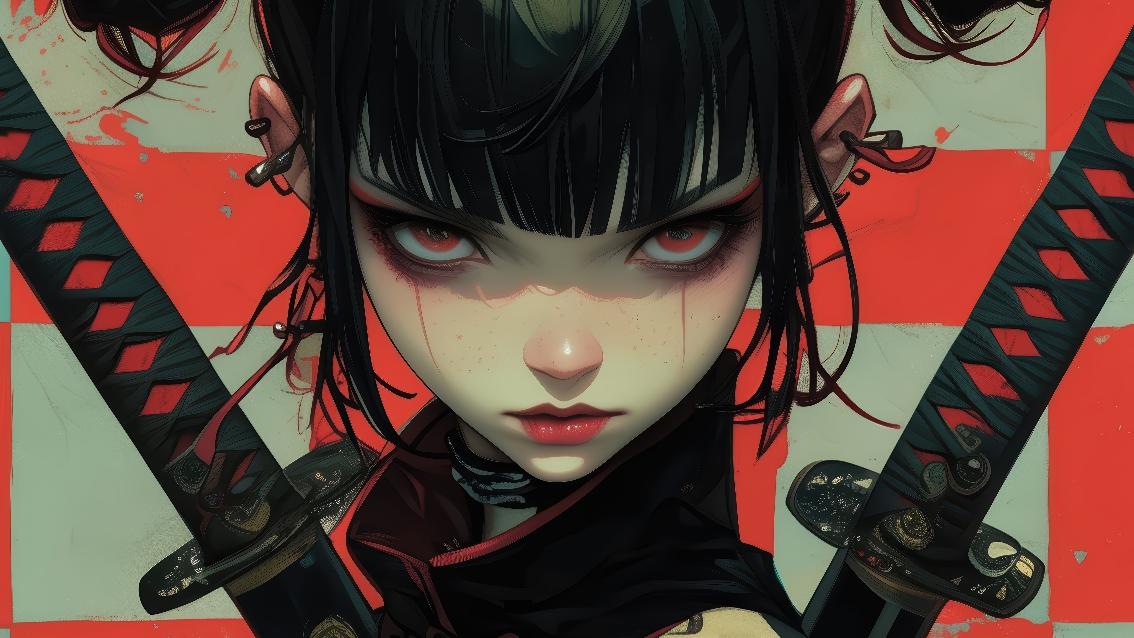 Anime Girl with Red Eyes and Katanas 4K HD Wallpaper