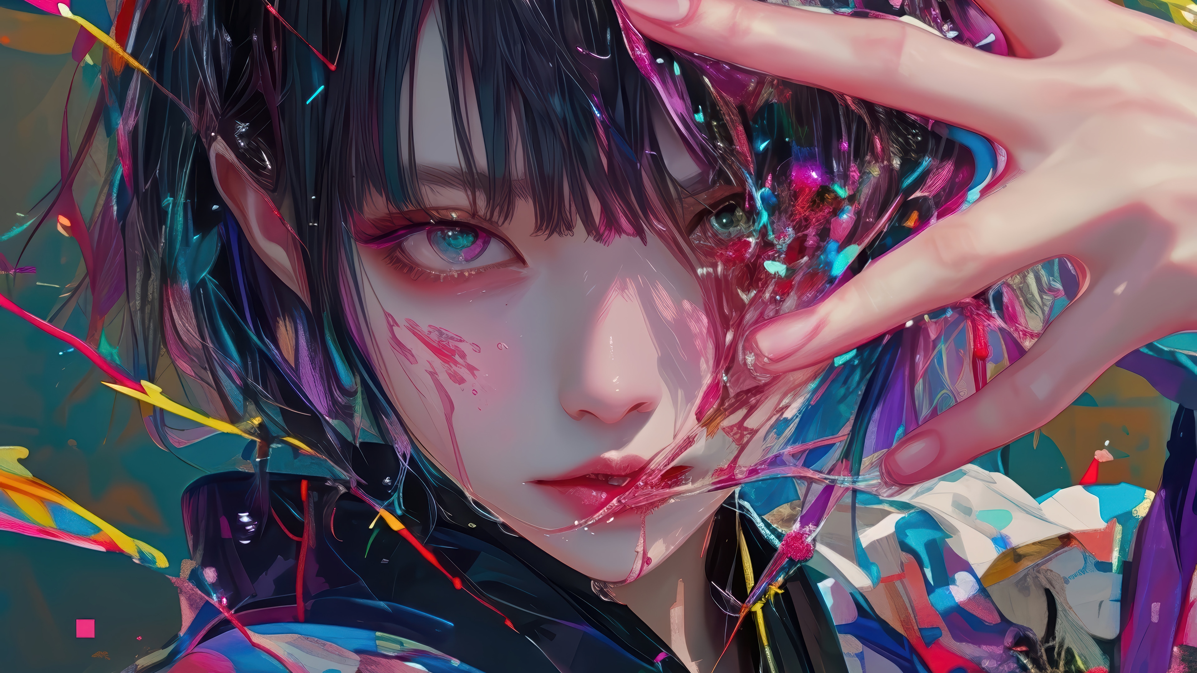 Anime Girl with Colorful Paint Splatter 4K HD Wallpaper