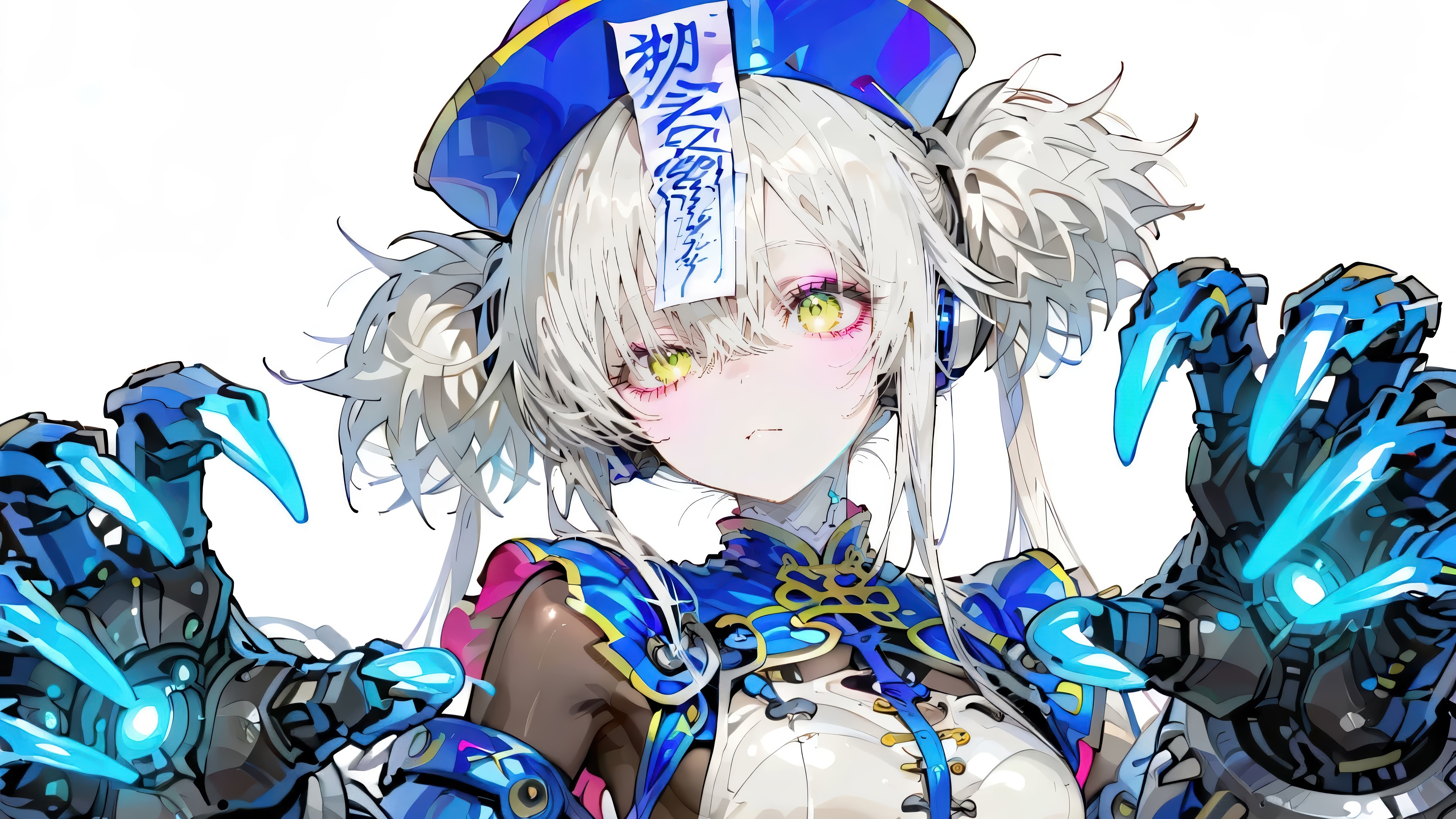Anime Girl with Mechanical Arms and Jiangshi Hat HD Wallpaper