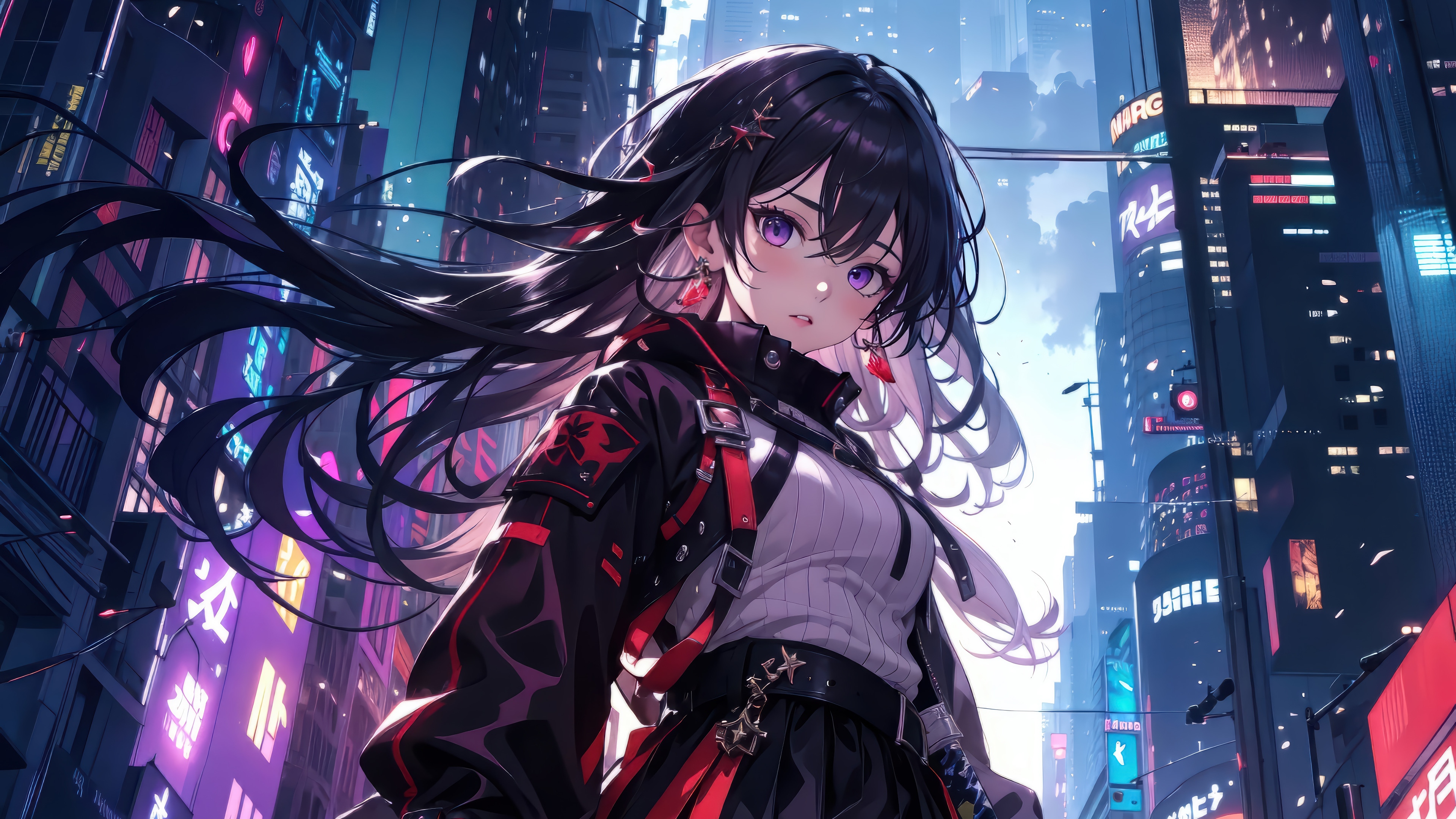 Anime Girl in a Neon City HD Wallpaper