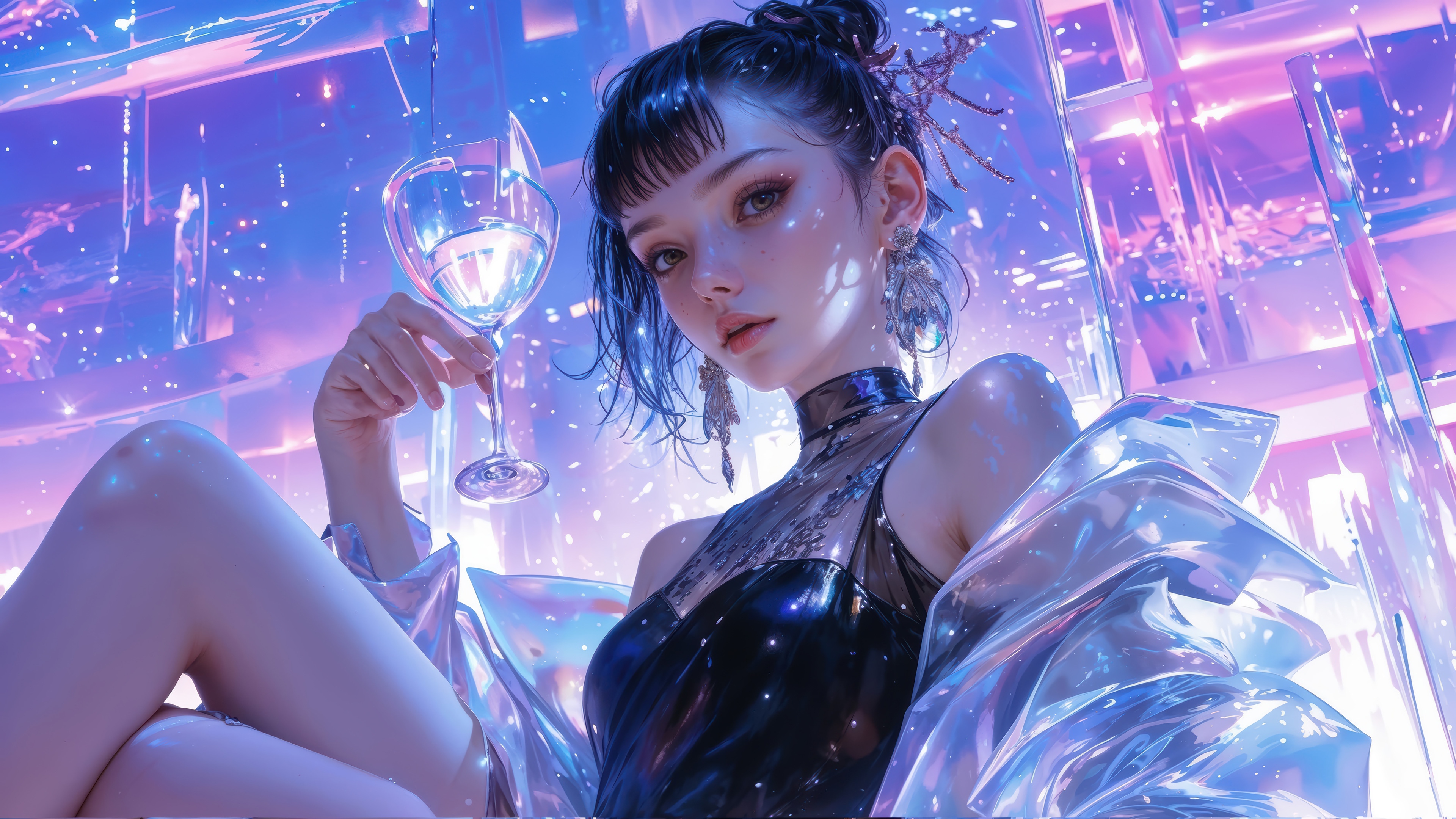 Anime Girl Holding a Wine Glass in a Crystal Room 4K HD Wallpaper