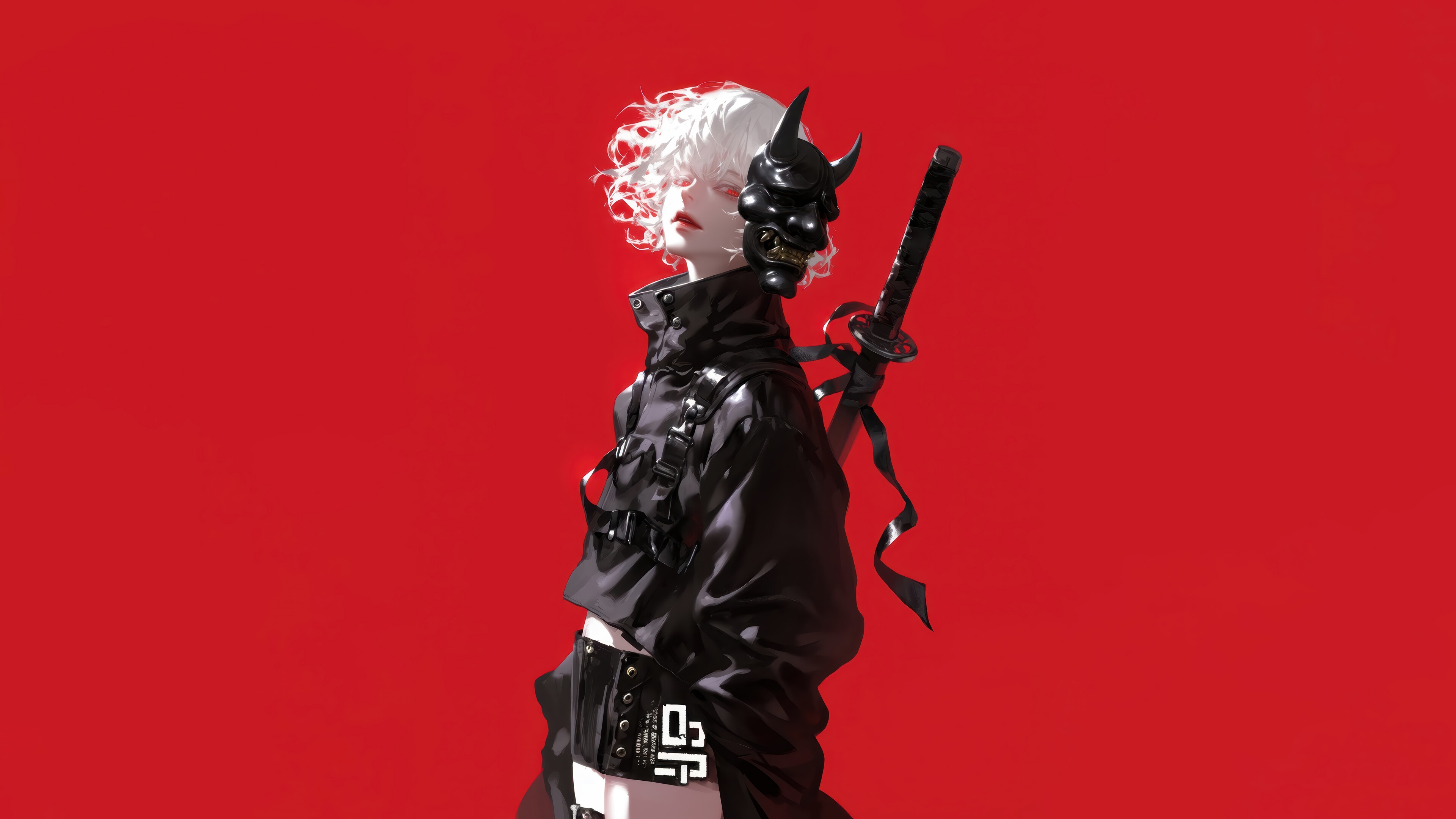 Anime Girl with White Hair, Mask, and Katana HD Wallpaper