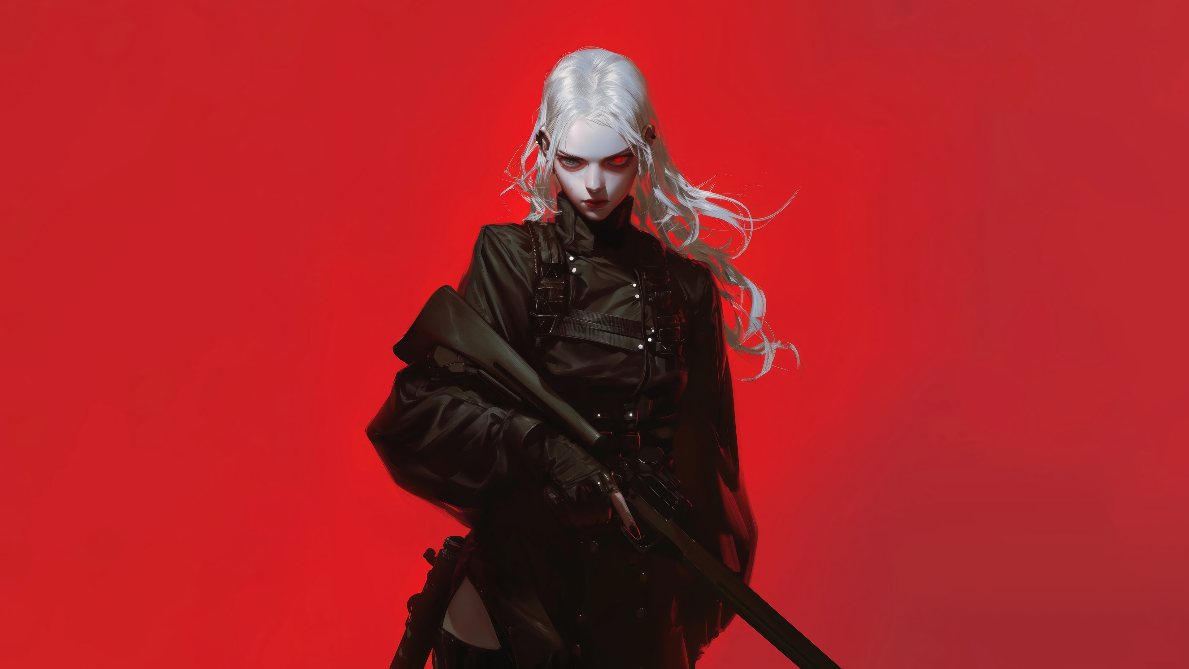 Anime Girl with White Hair and Red Eyes Holding a Rifle HD Wallpaper