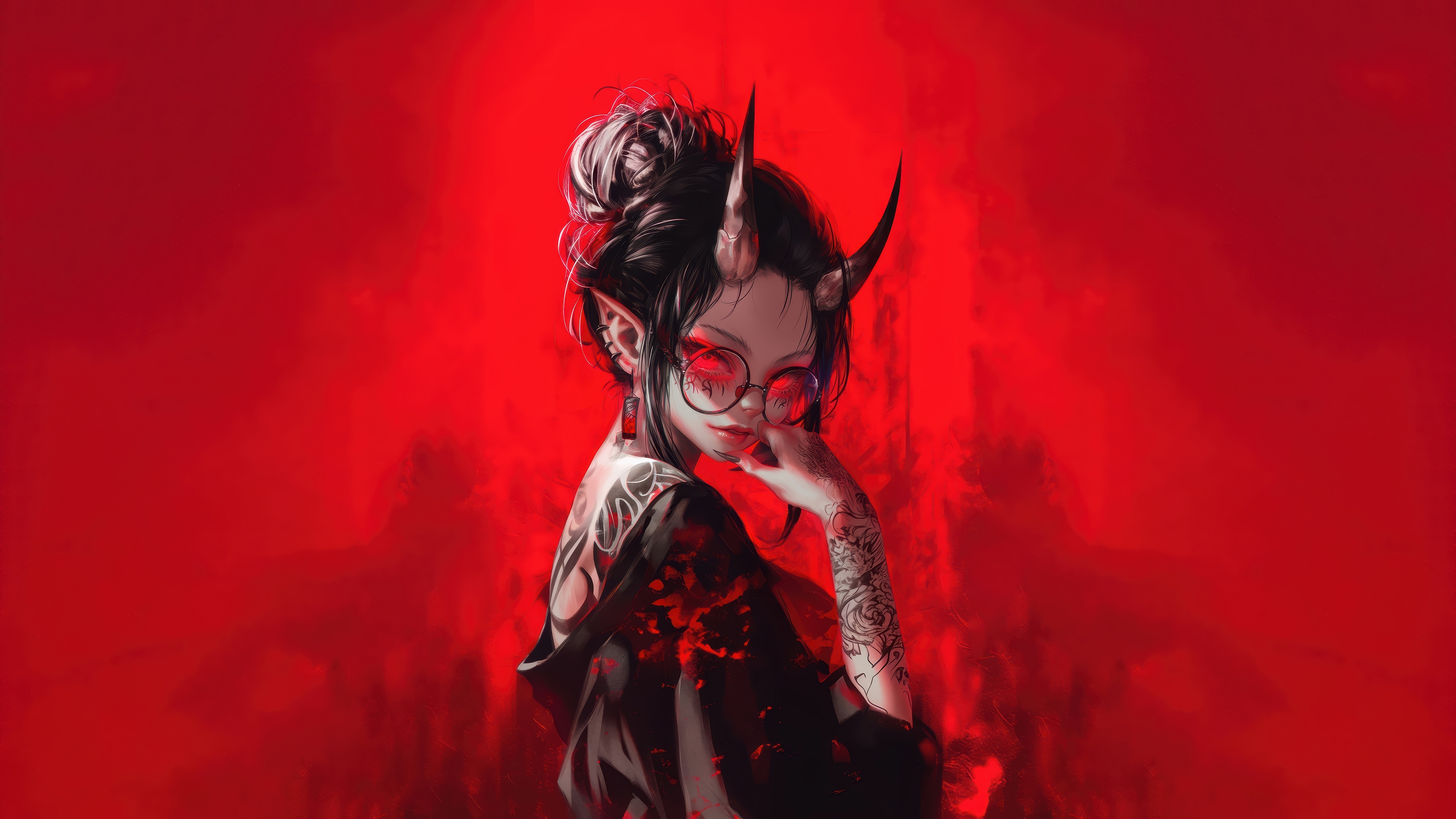 Anime Demon Girl with Horns and Tattoos 4K HD Wallpaper