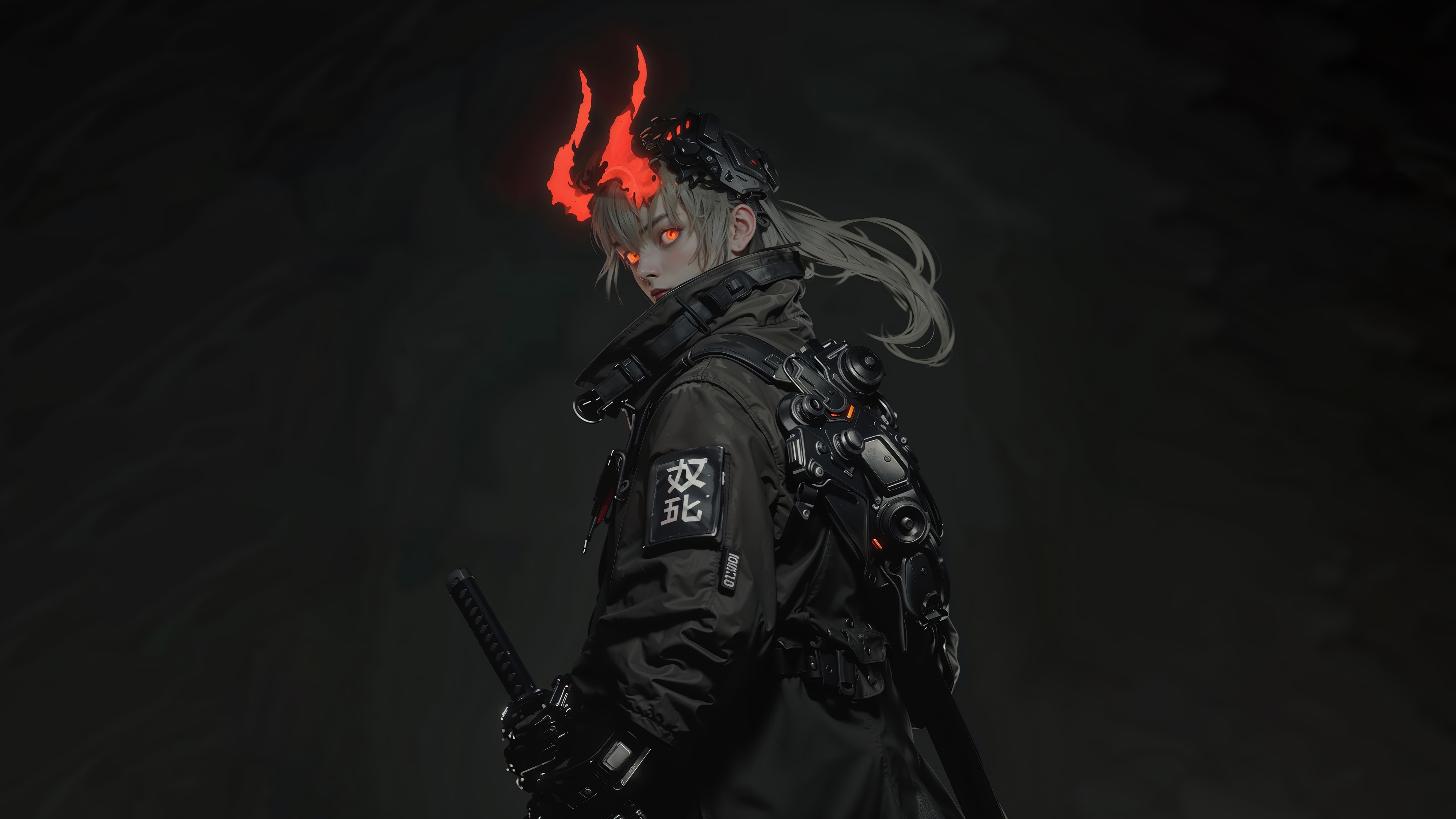 Anime Girl with Red Horns and Katana 4K HD Wallpaper