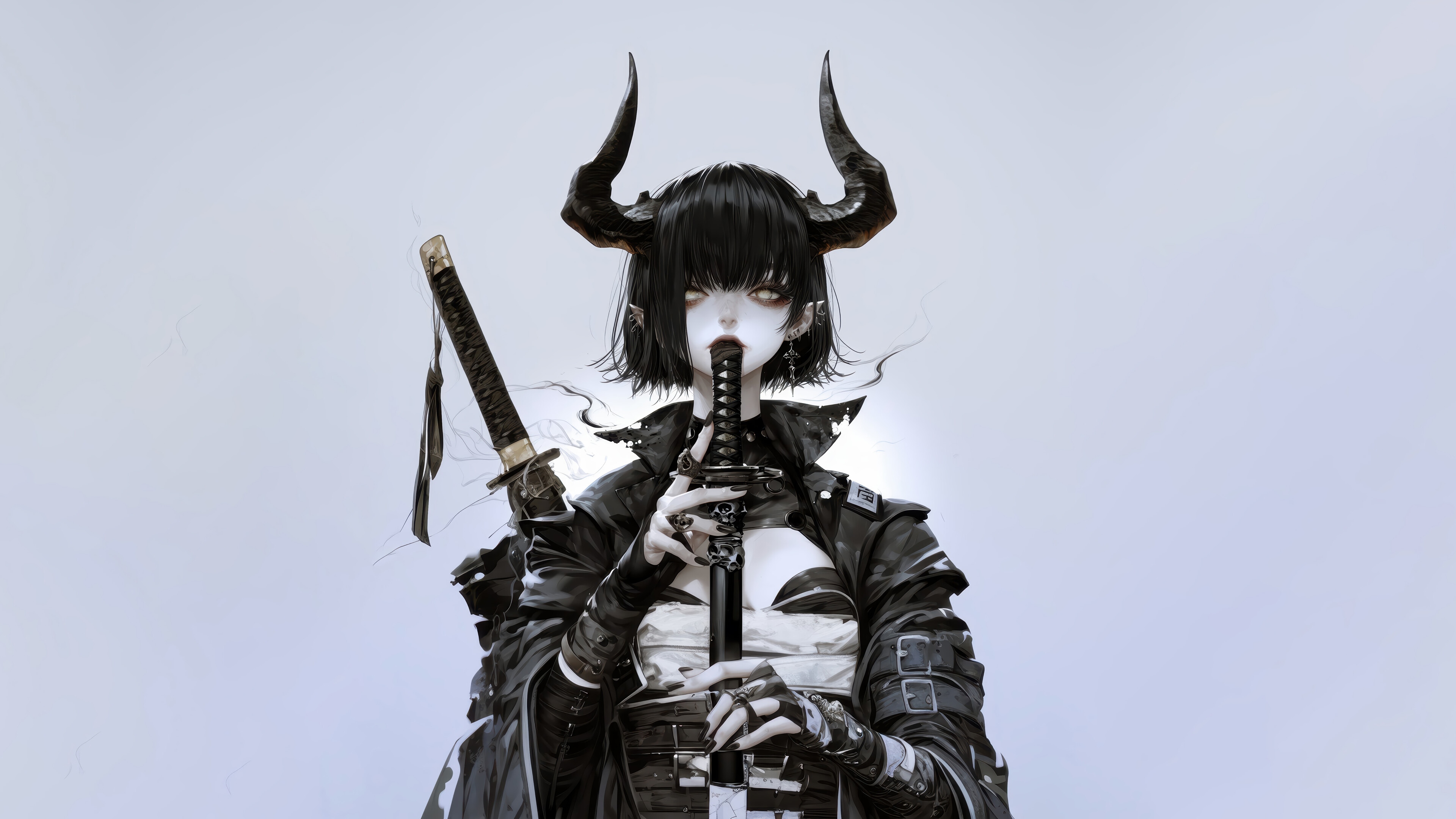 Demon Girl with Horns and Katana 4K HD Wallpaper