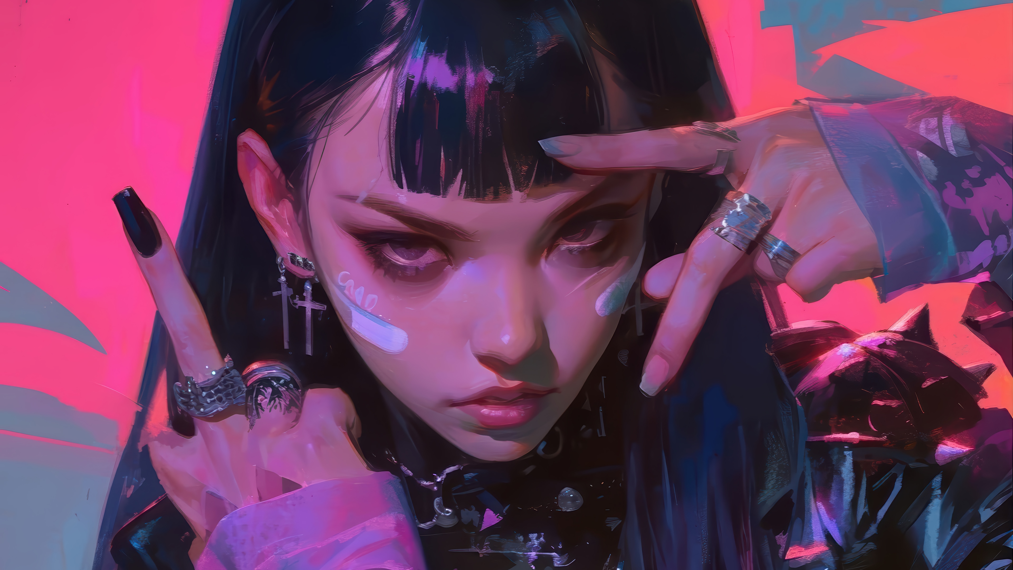 Anime Girl with Middle Finger and Cross Earrings 4K HD Wallpaper