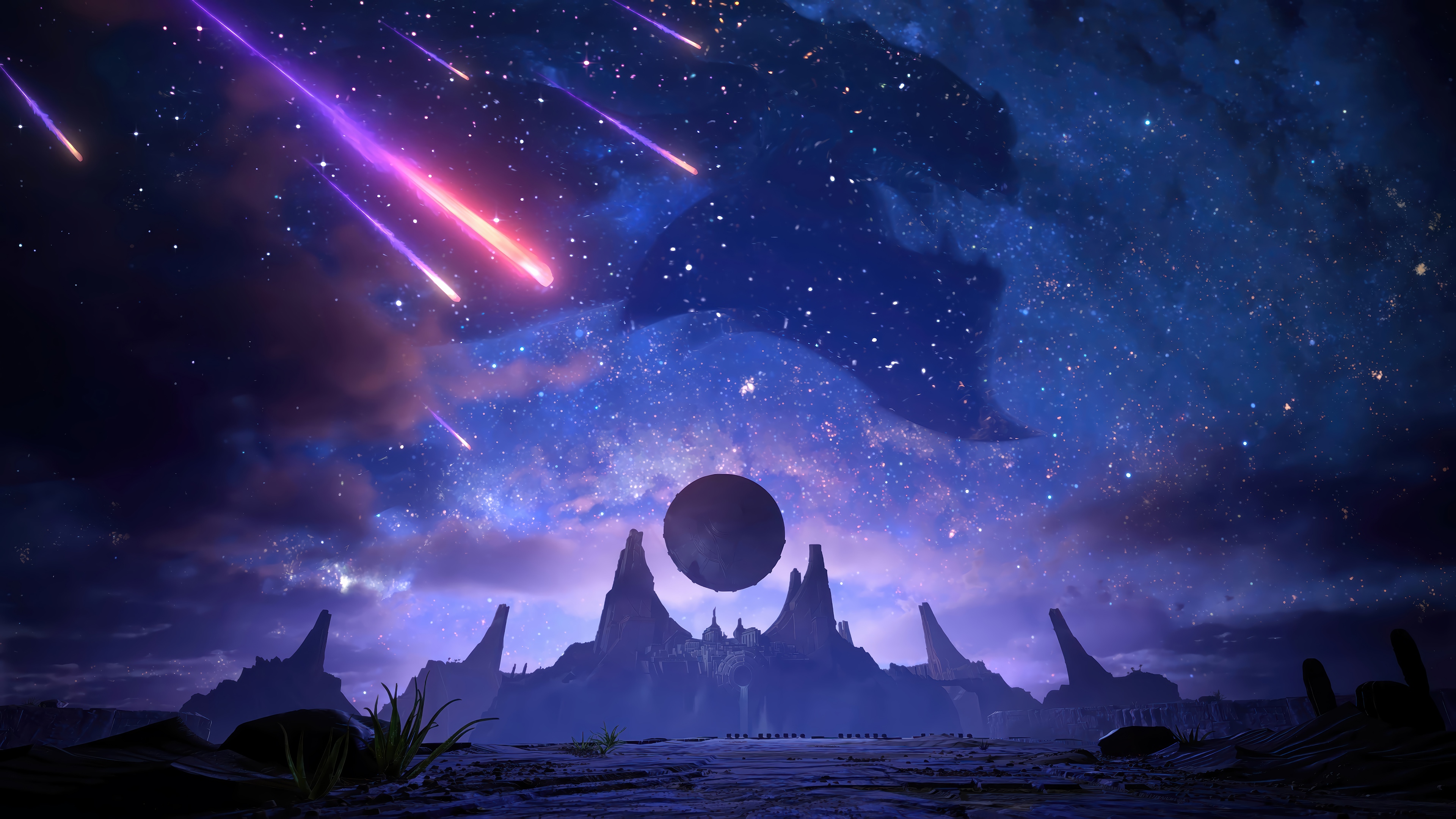 Meteor shower over alien landscape with planet HD Wallpaper