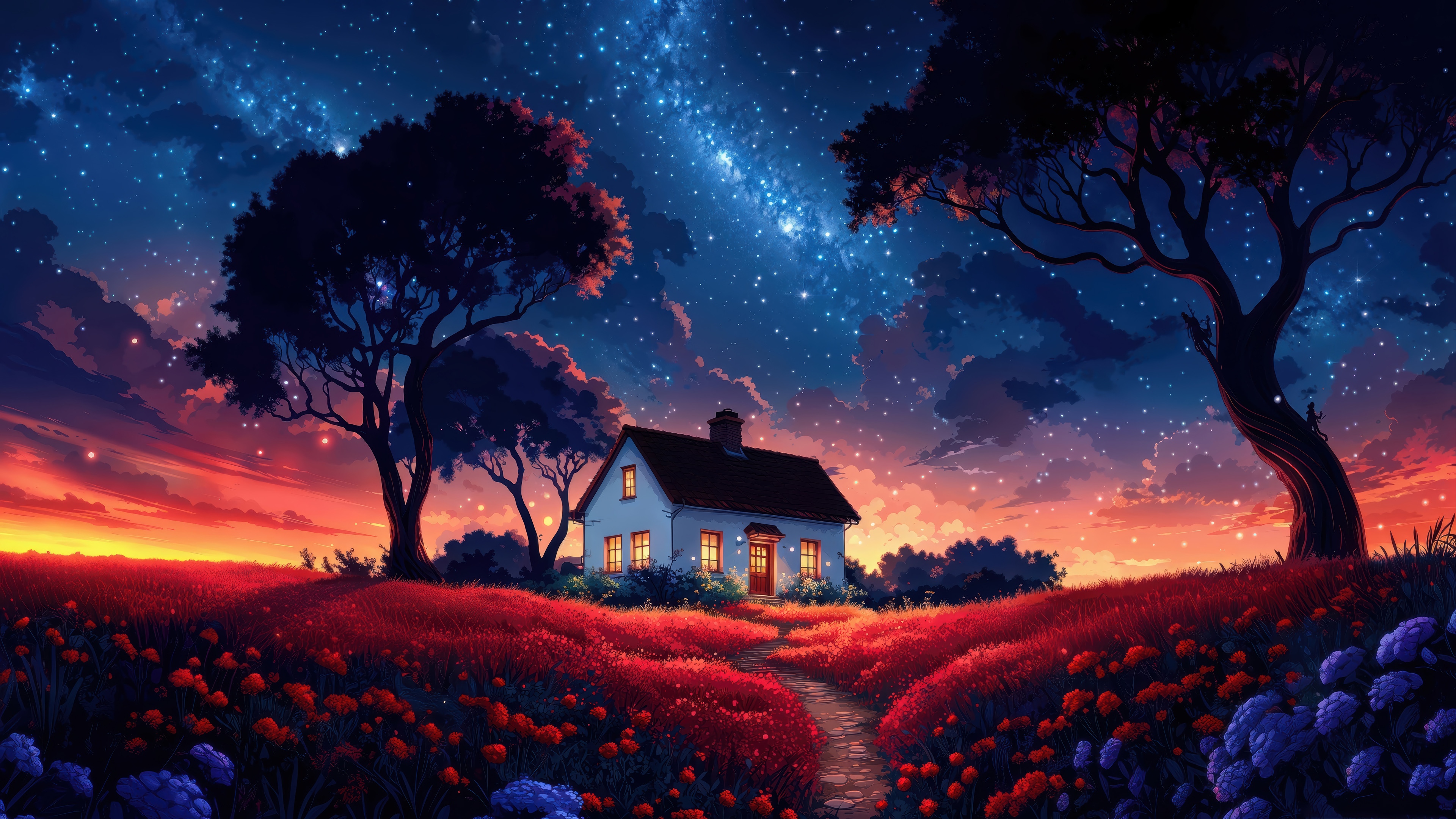 House in a field under a starry sunset sky 4K HD Wallpaper