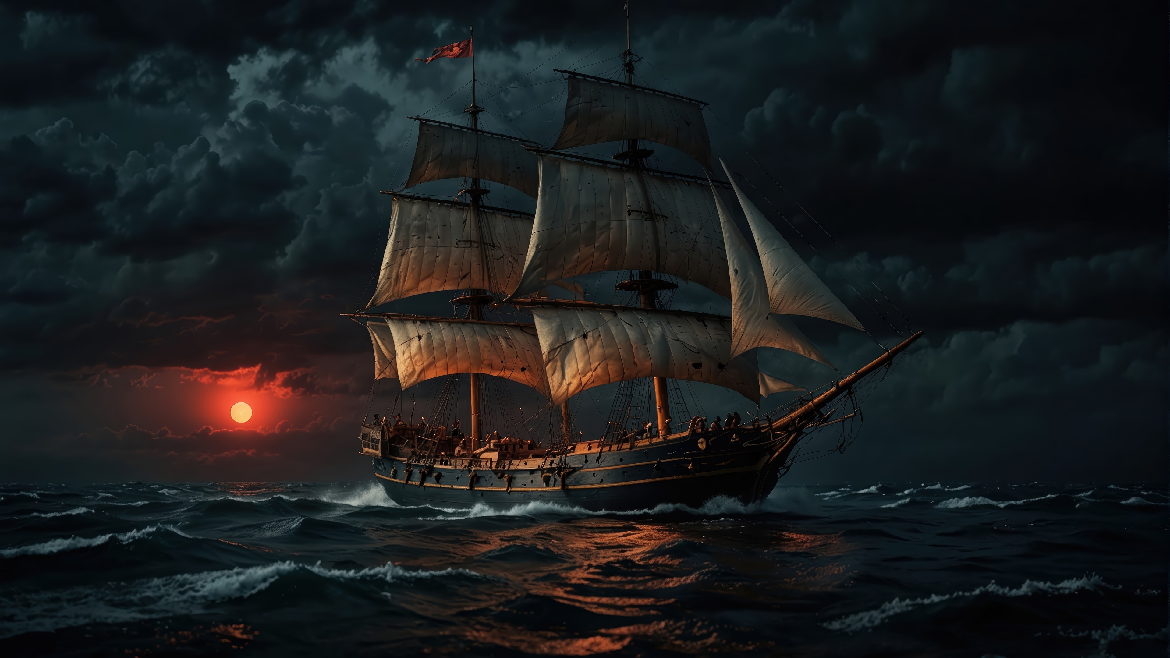 Ship sailing on the ocean at sunset 4K HD Wallpaper
