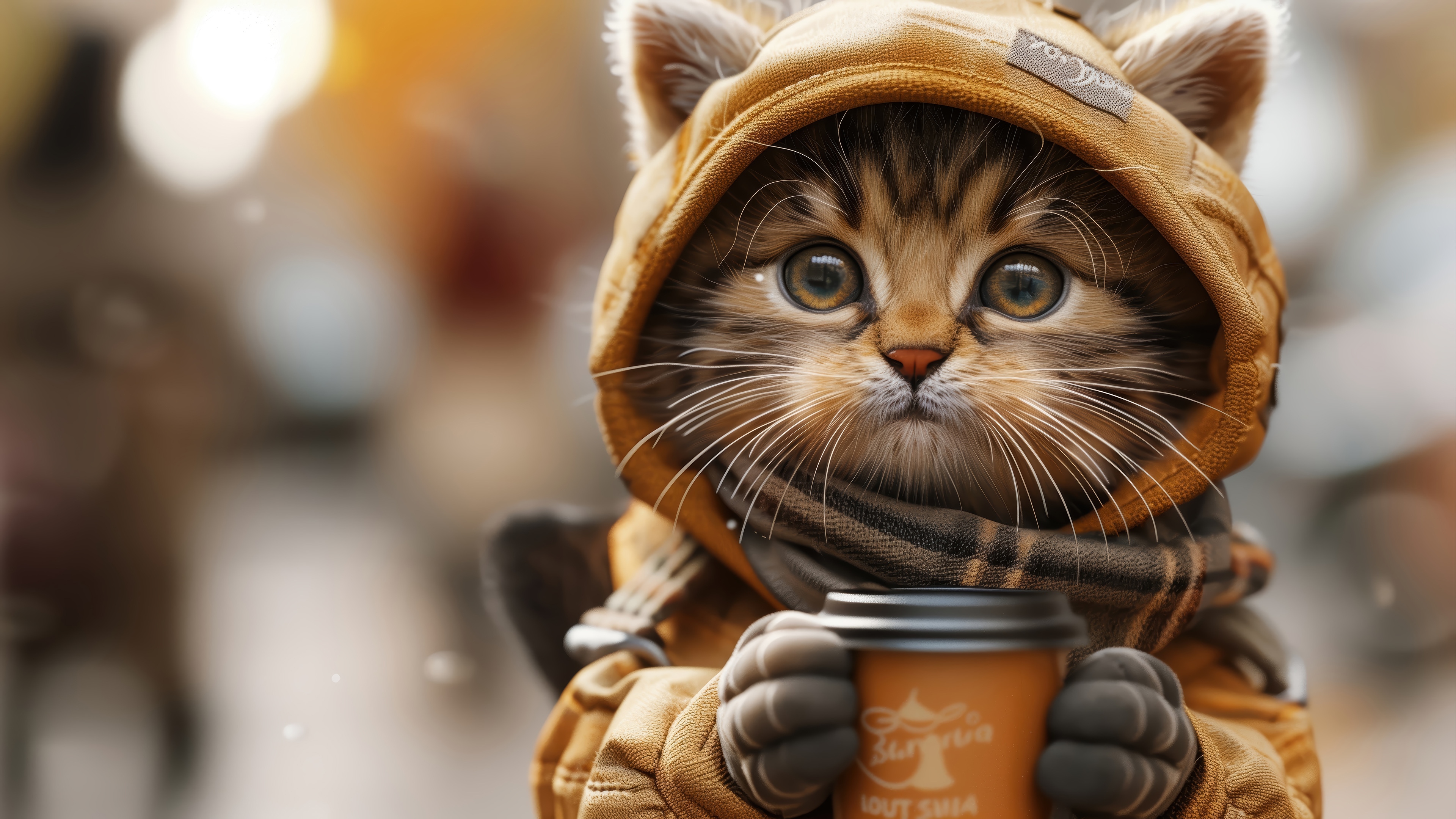 Kitten in a hoodie holding a coffee cup HD Wallpaper