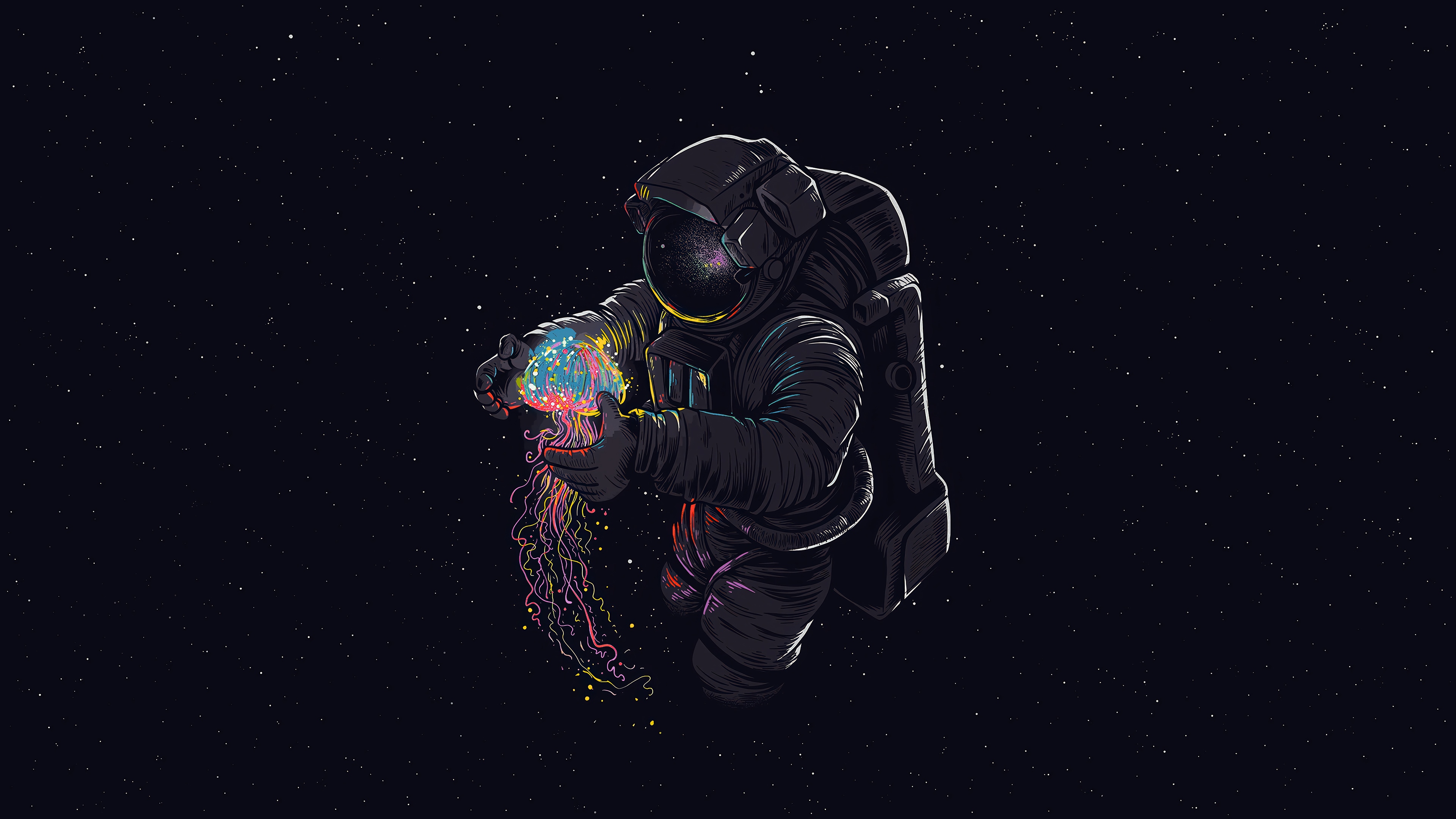 Astronaut holding a colorful jellyfish in space HD Wallpaper