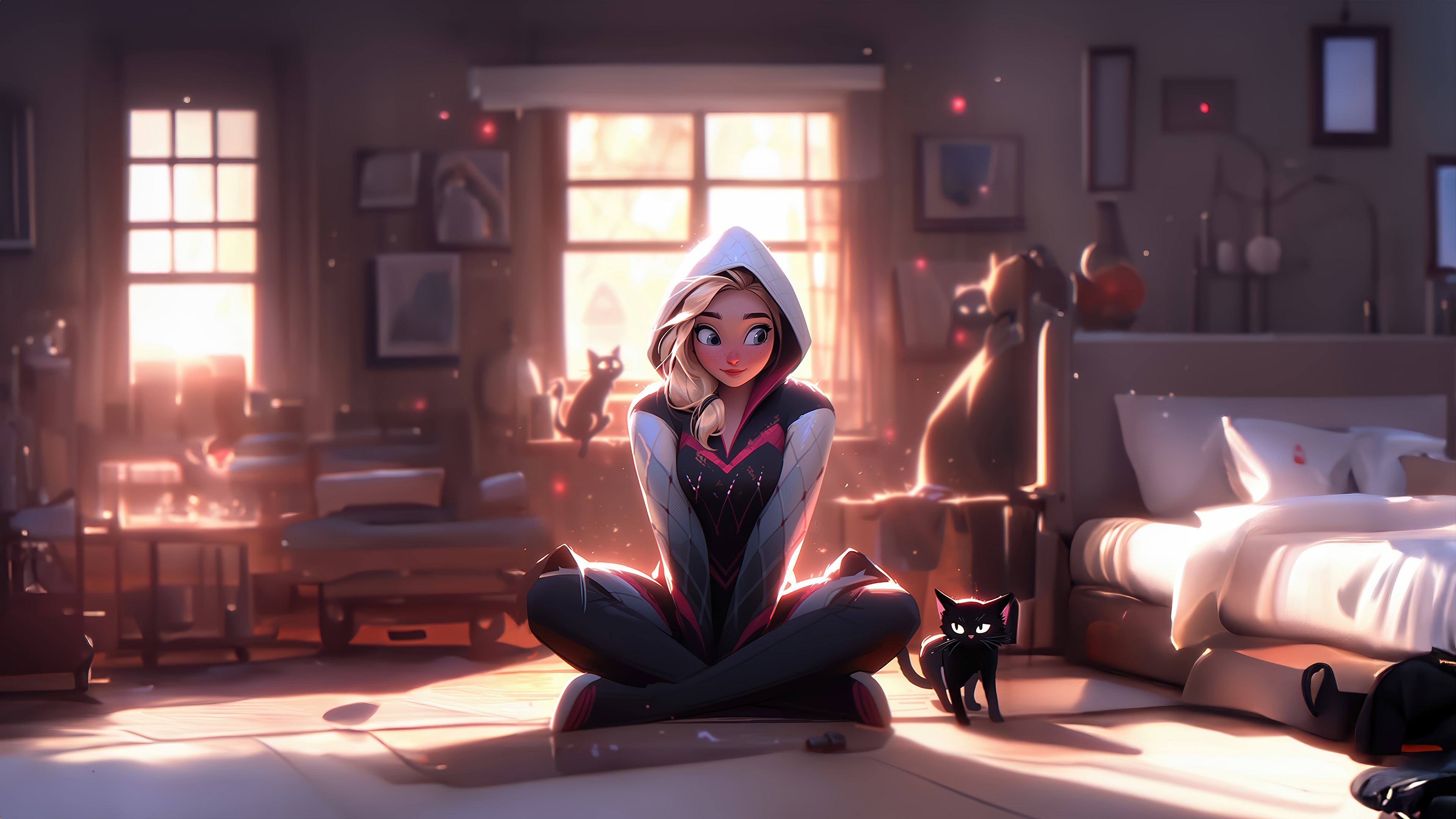 Anime Girl with Cats in a Room 4K HD Wallpaper