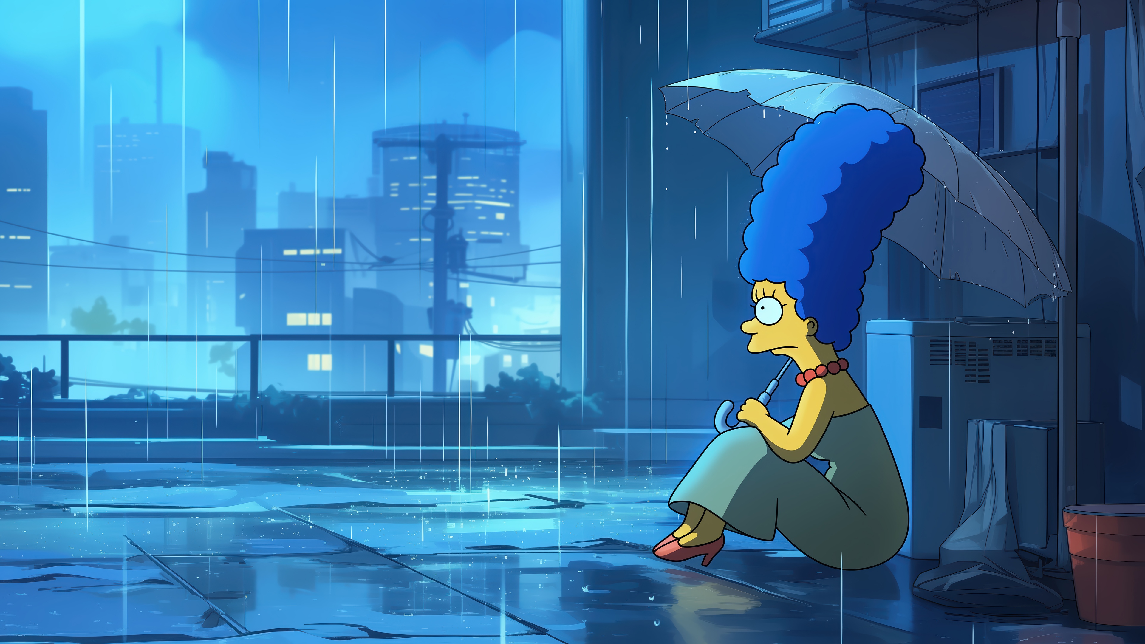 Marge Simpson sitting under an umbrella in the rain HD Wallpaper