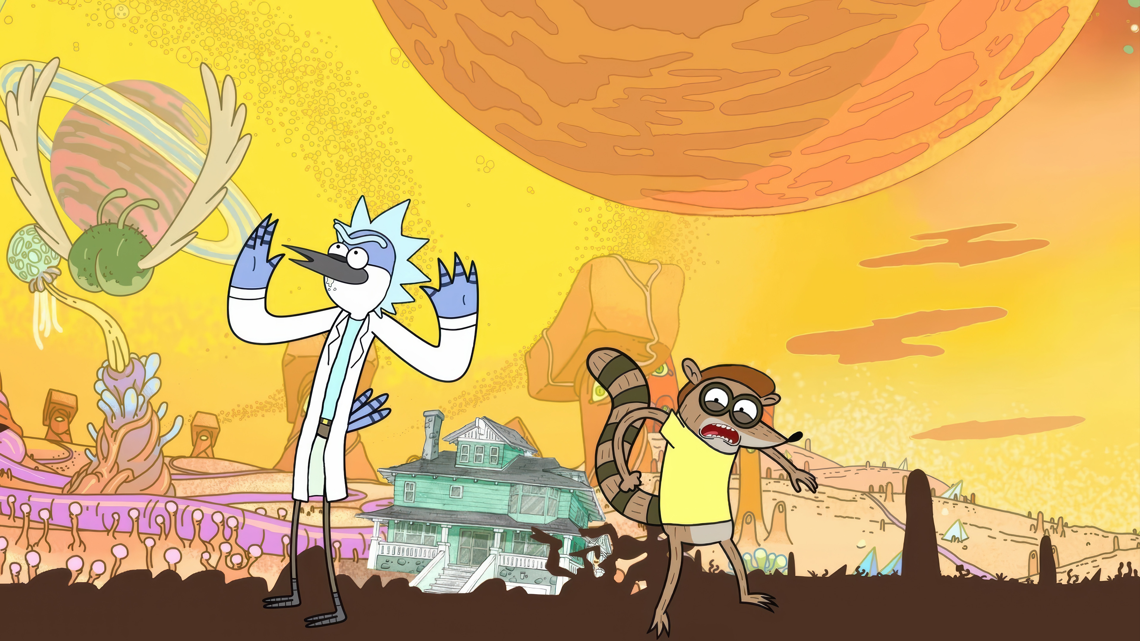 Mordecai and Rigby in a strange alien landscape HD Wallpaper