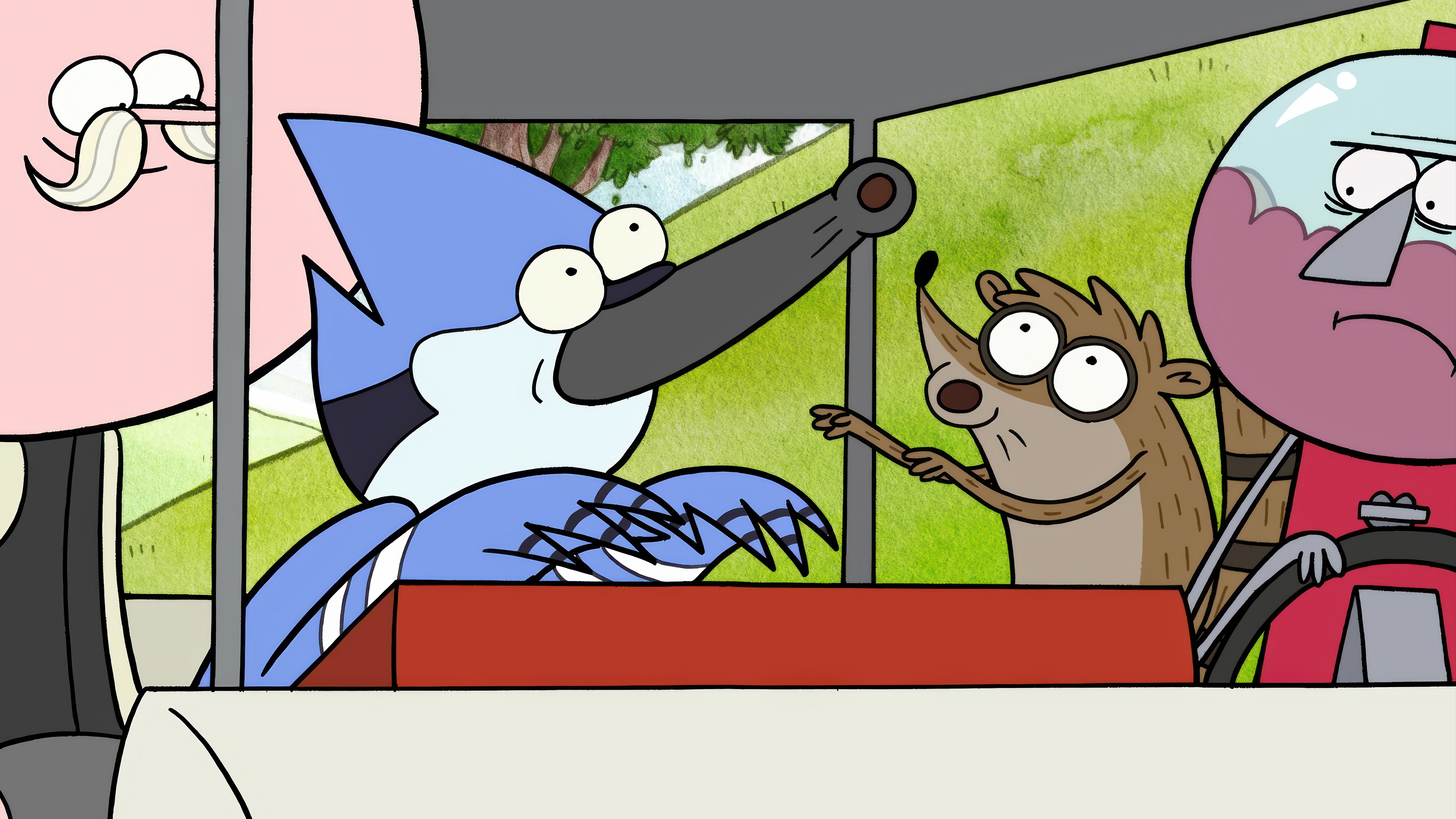 Regular Show: Mordecai, Rigby, Pops, and Benson in a vehicle HD Wallpaper