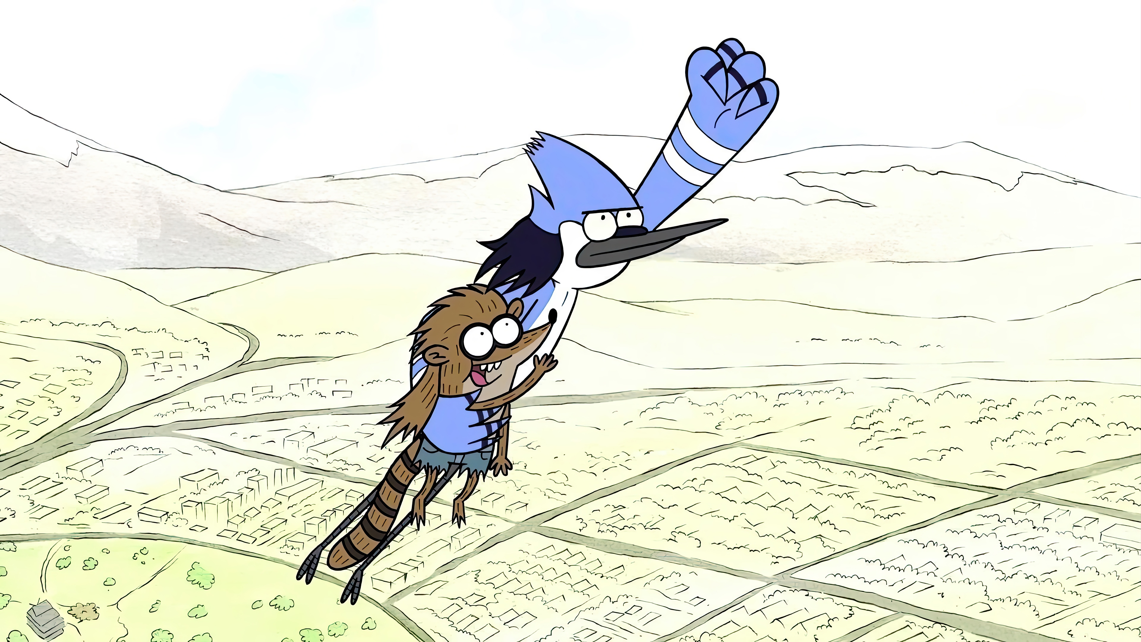 Mordecai and Rigby flying over a town in 4K HD Wallpaper