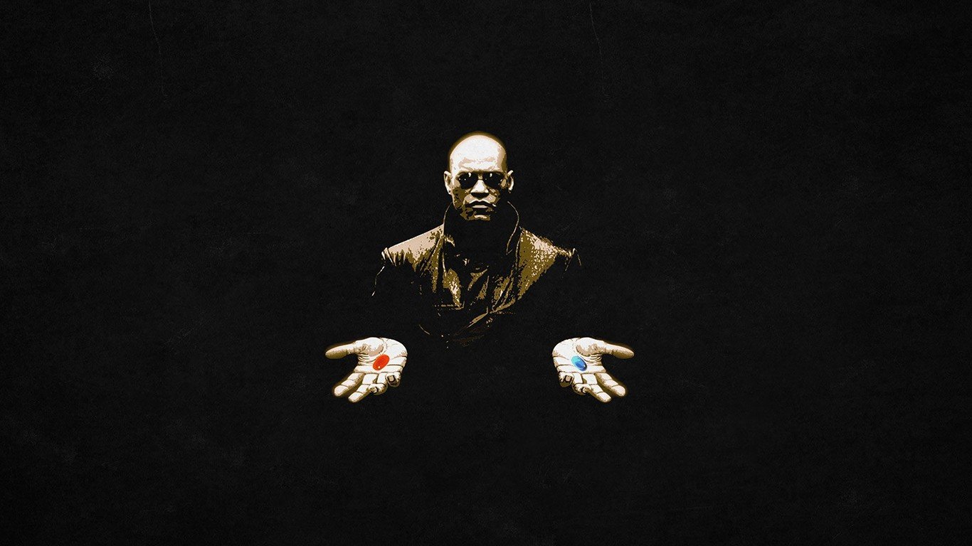 Morpheus from The Matrix holding red and blue pills HD Wallpaper