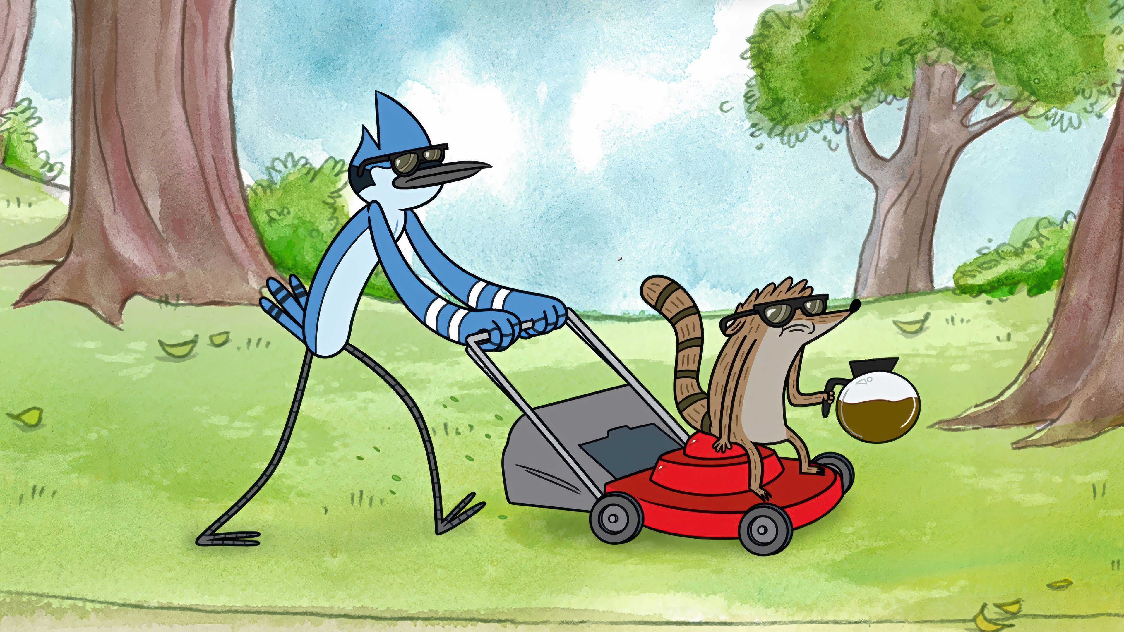 Regular Show: Mordecai and Rigby Mowing the Lawn HD Wallpaper
