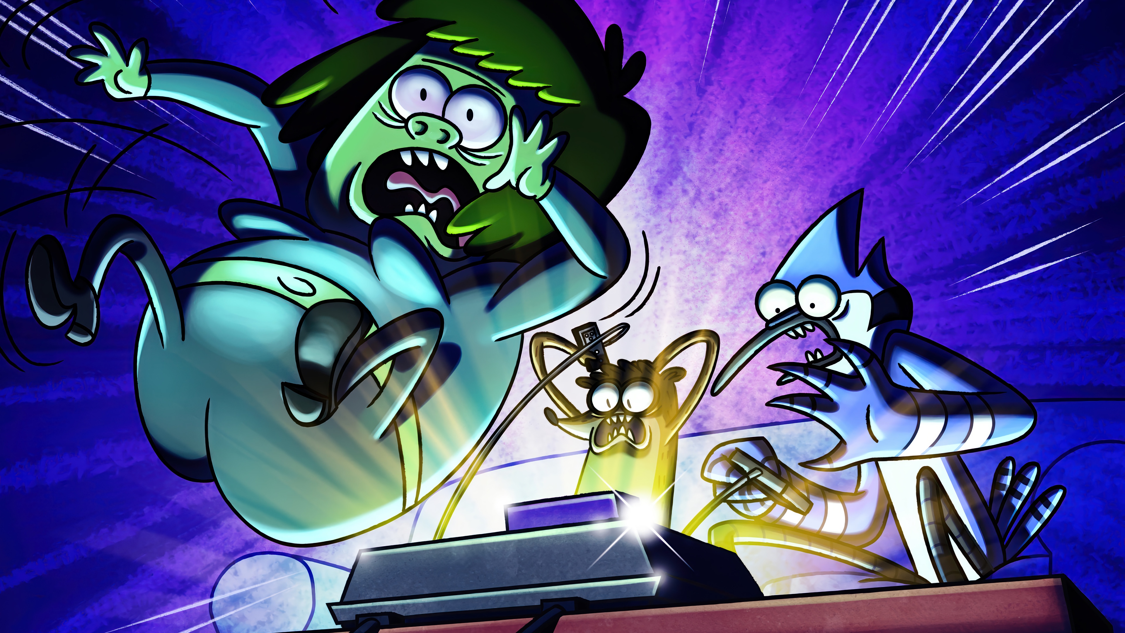 Regular Show: Muscle Man, Mordecai, and Rigby playing video games HD Wallpaper