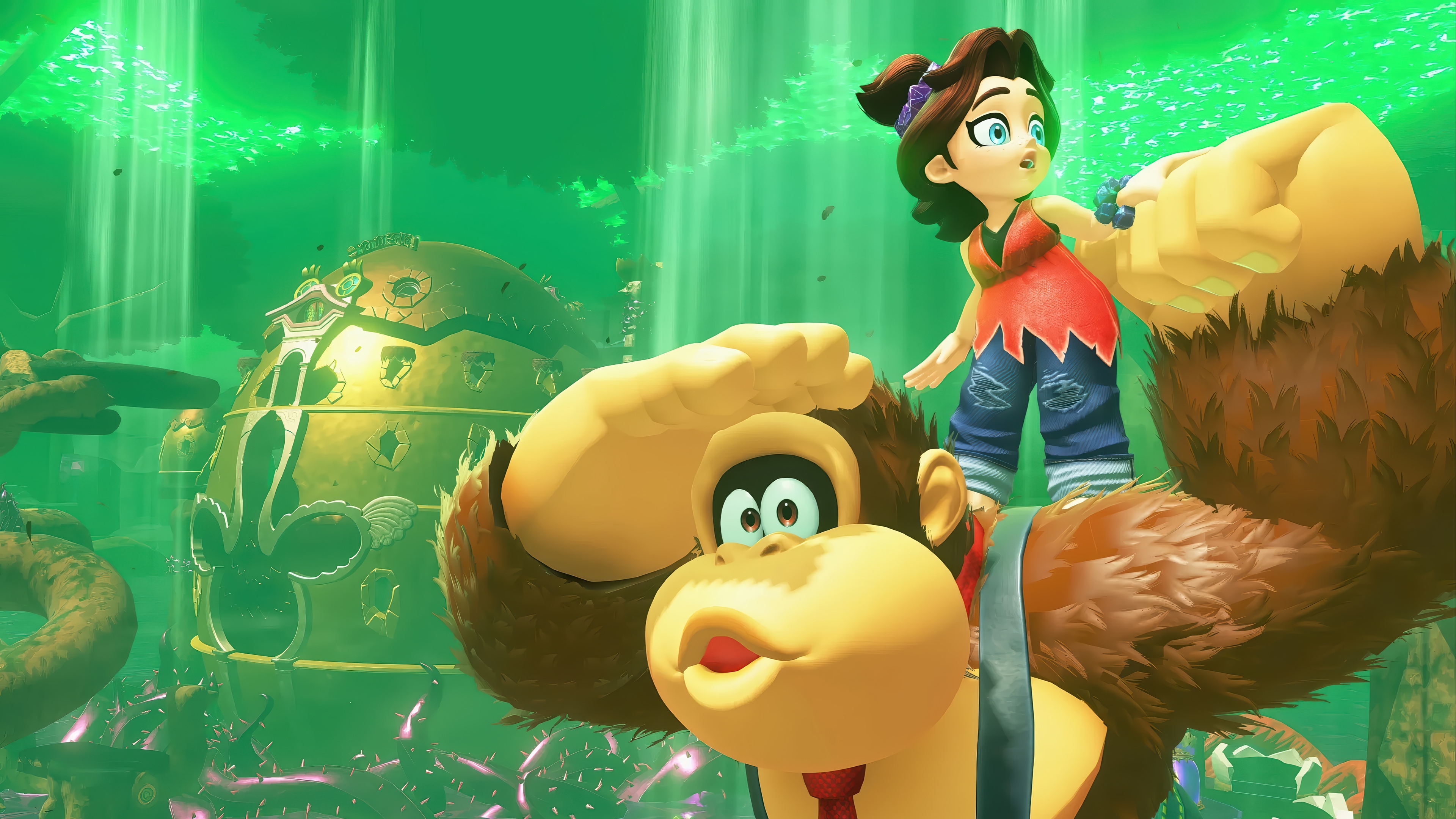Donkey Kong and a girl in a green forest HD Wallpaper