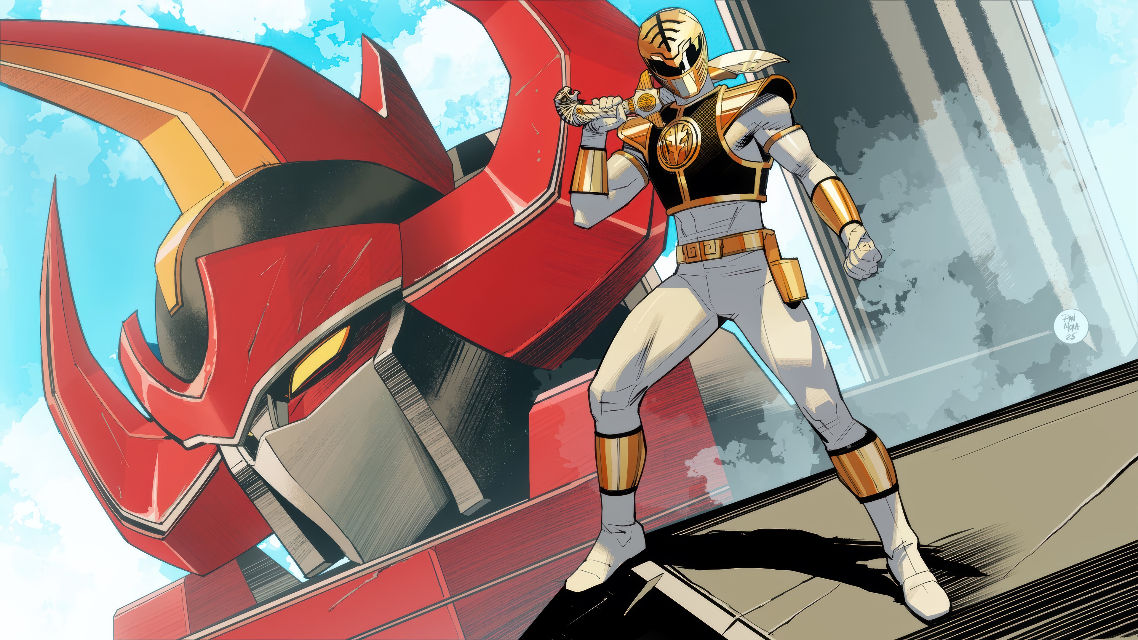 White Ranger and Megazord in Fortnite 4K HD Wallpaper