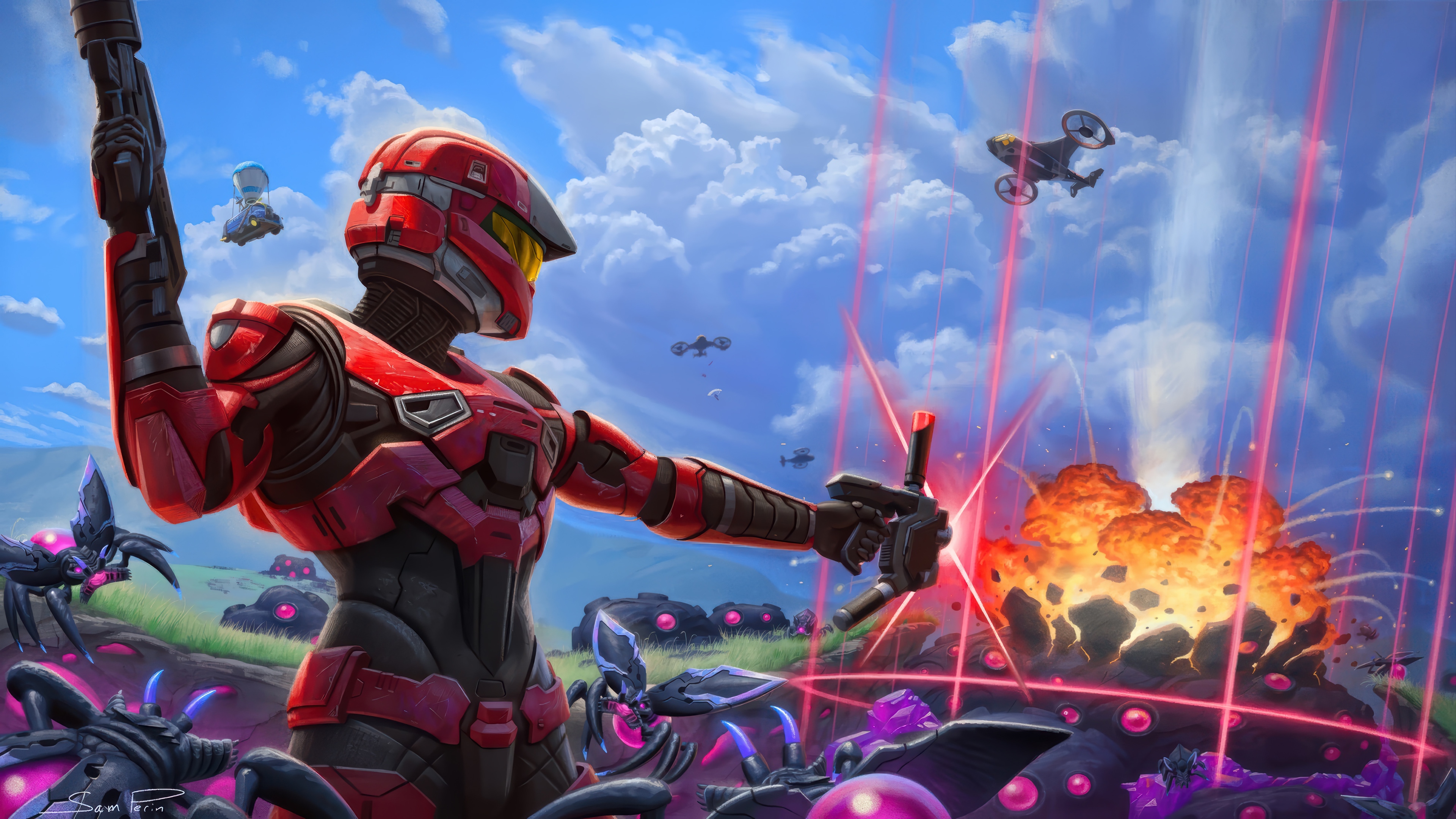 Halo Spartan in Battle with Aliens and Drones HD Wallpaper