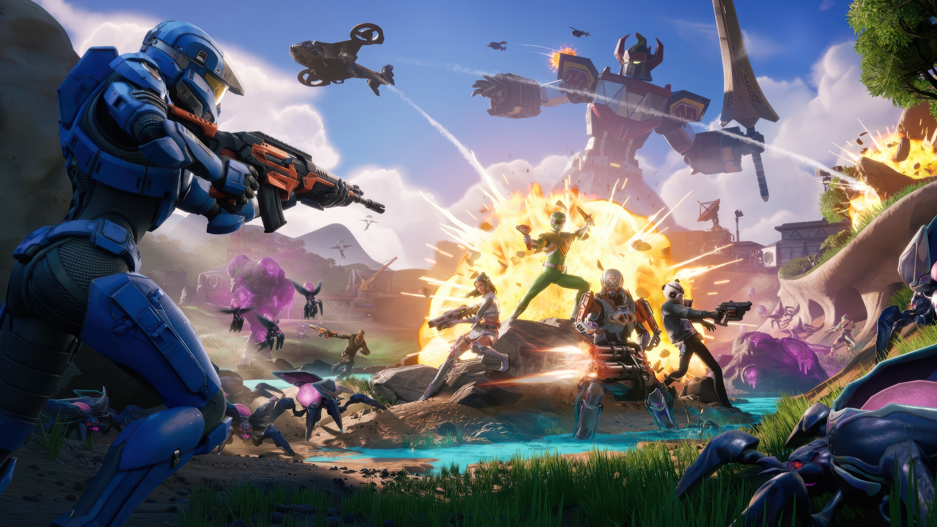 Fortnite, Halo, and Power Rangers Crossover 4K HD Wallpaper