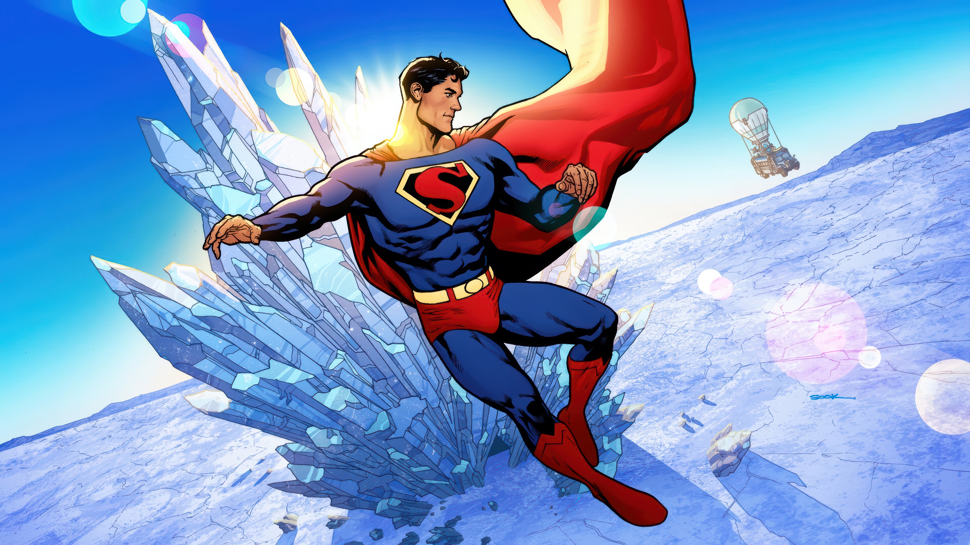 Superman flying near Fortress of Solitude with Fortnite hot air balloon HD Wallpaper